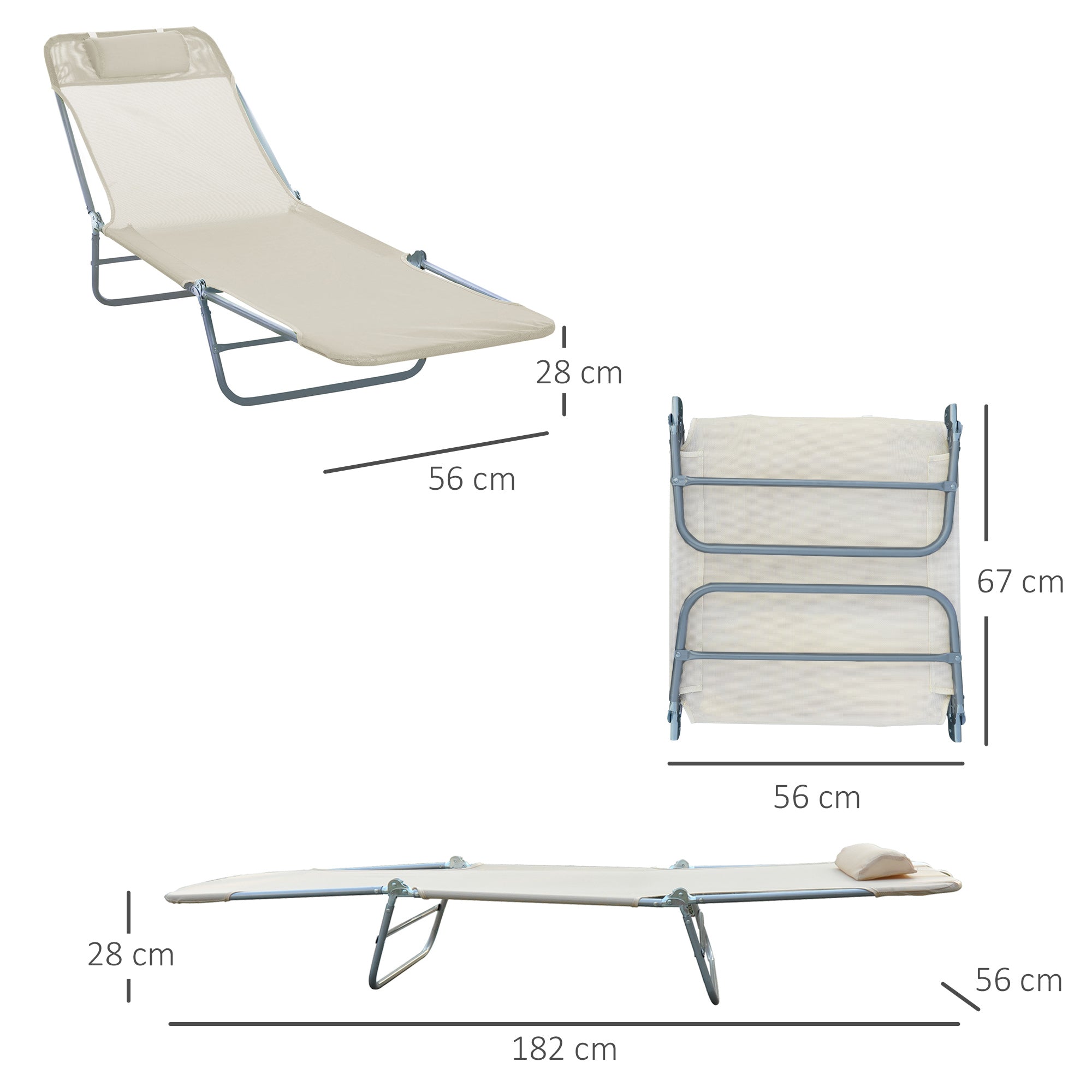Folding Sun Lounger with Reclining Backrest and Cushion, Garden, Beach and Camping Lounger, Beige