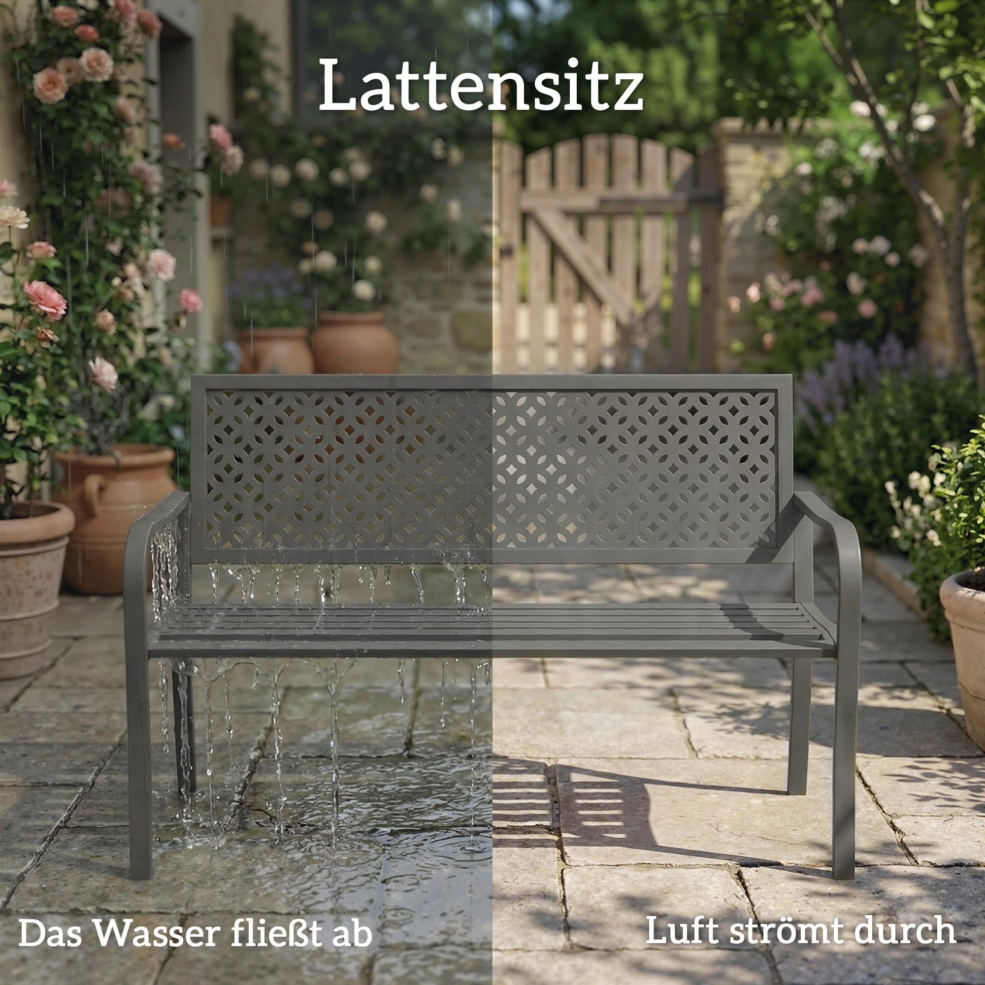 2-Seater Metal Garden Bench — Weatherproof Outdoor Bench with Rust-Resistant Louvered Steel Backrest, Geometric Design, Fits up to 529 lb, 50" x 24" x 33.5", Dark Gray