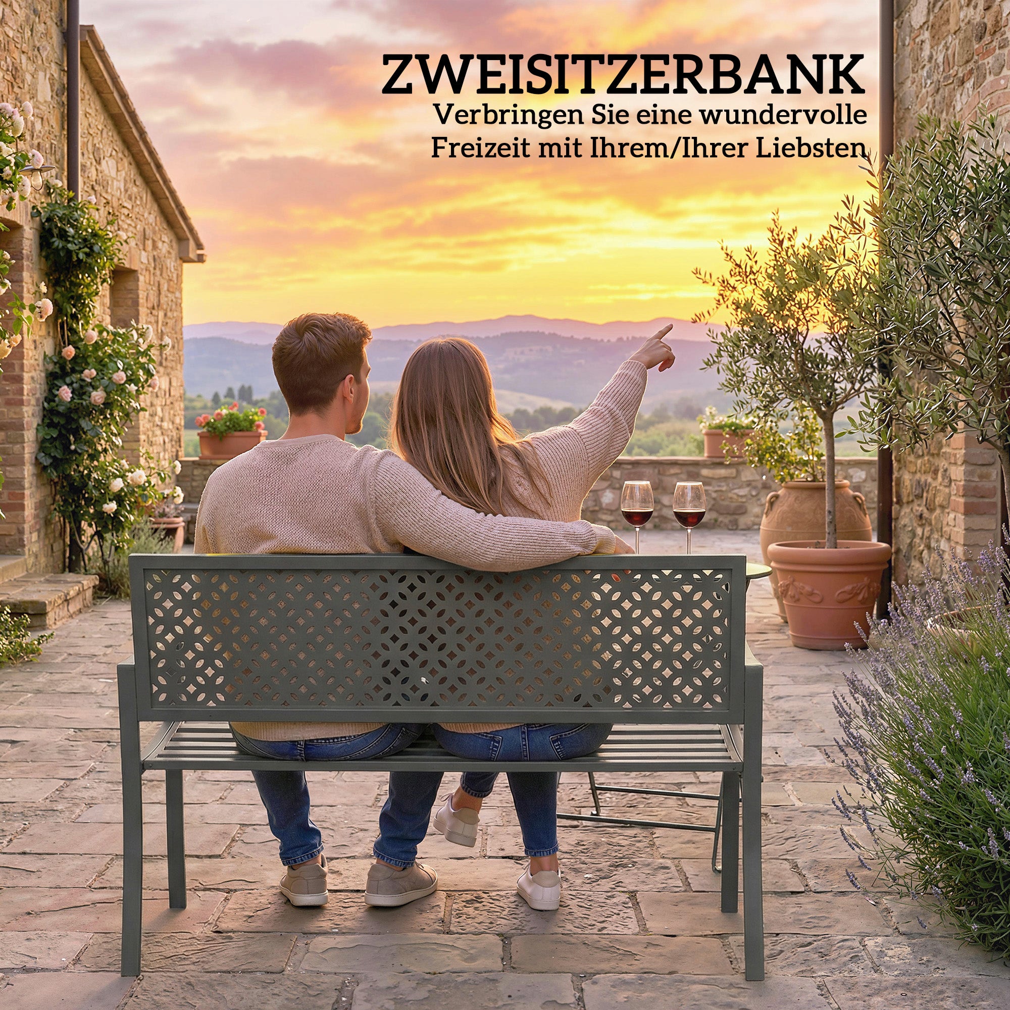 2-Seater Metal Garden Bench — Weatherproof Outdoor Bench with Rust-Resistant Louvered Steel Backrest, Geometric Design, Fits up to 529 lb, 50" x 24" x 33.5", Dark Gray