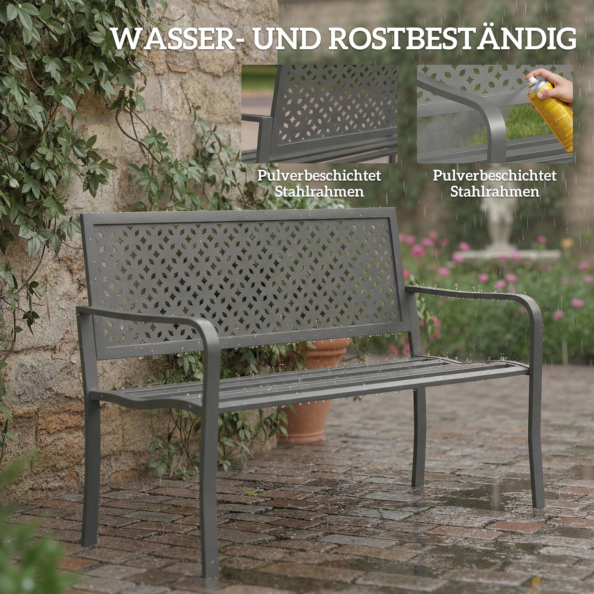2-Seater Metal Garden Bench — Weatherproof Outdoor Bench with Rust-Resistant Louvered Steel Backrest, Geometric Design, Fits up to 529 lb, 50" x 24" x 33.5", Dark Gray