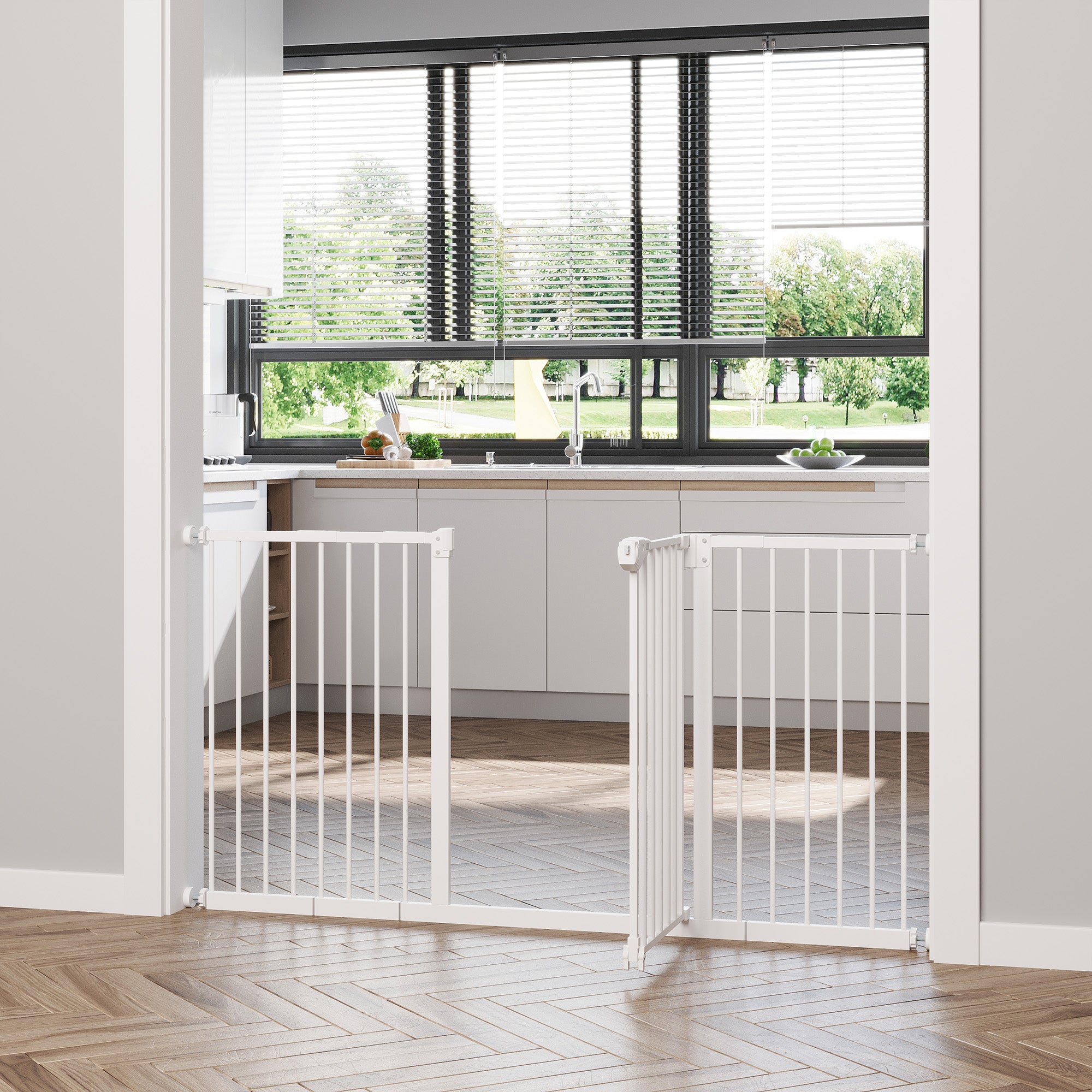 Door Guard Stair Guard with 17.5/20.3/30.5 cm Extension Door Gate Without Drilling Stair Gate for Widths 74-147.5 cm Double-Sided Swivel Metal White