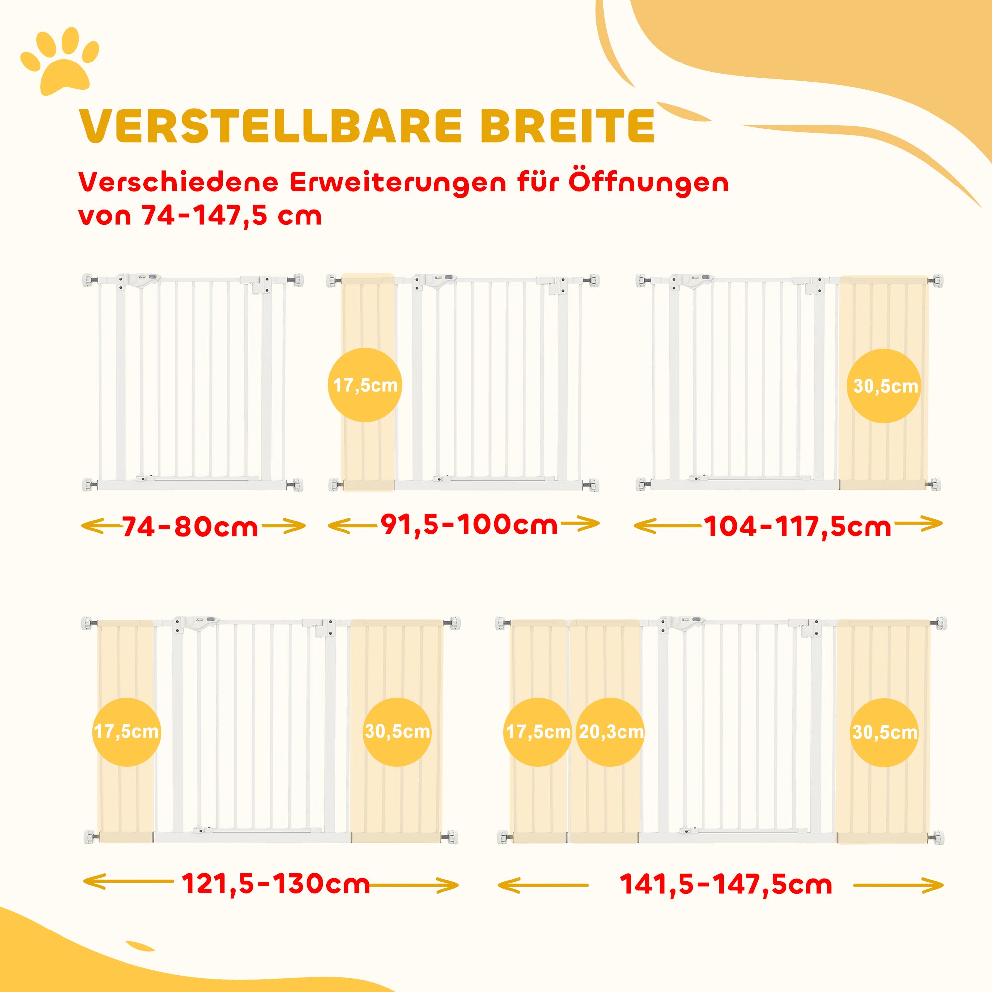 Door Guard Stair Guard with 17.5/20.3/30.5 cm Extension Door Gate Without Drilling Stair Gate for Widths 74-147.5 cm Double-Sided Swivel Metal White
