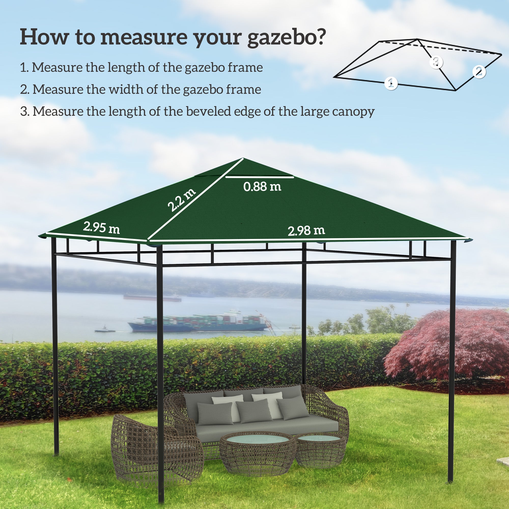 Pavilion Canopy for Garden Pavilion approx. 3 x 3 m, water-resistant, replacement canopy, pavilion cover, sun protection, 8 water drainage holes, Polyester, Green