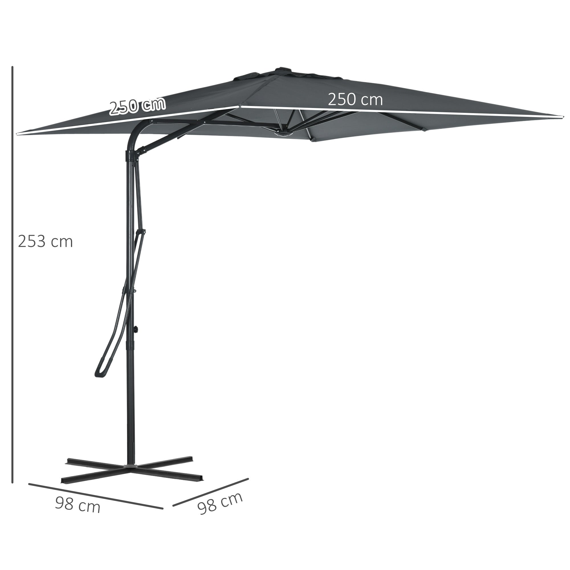 Square Offset Umbrella 2.5 x 2.5 m, outdoor garden umbrella UV protection quick and easy open and close cross base included for balcony patio terrace dark grey