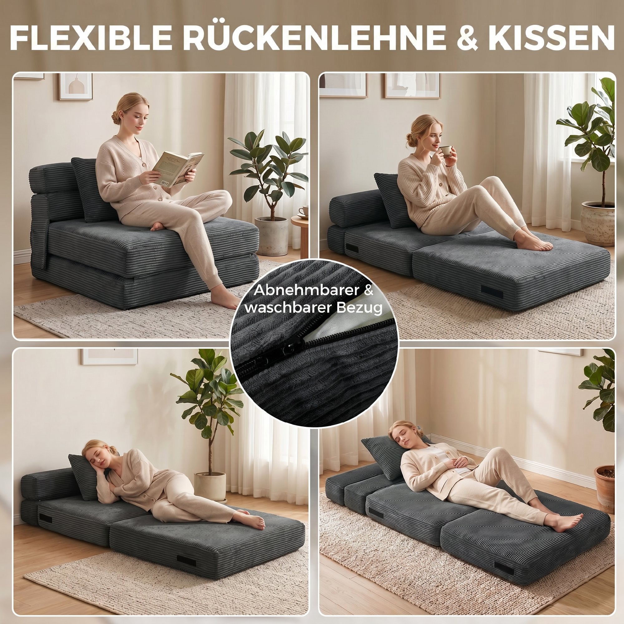 2-in-1 Folding Sleeper Chair — Foldable Sofa Bed with Corduroy Upholstery, Padded Folding Mattress, Guest Floor Chair for Bedroom & Living Room, 39.4 x 29.9 x 24.4 in, Dark Gray