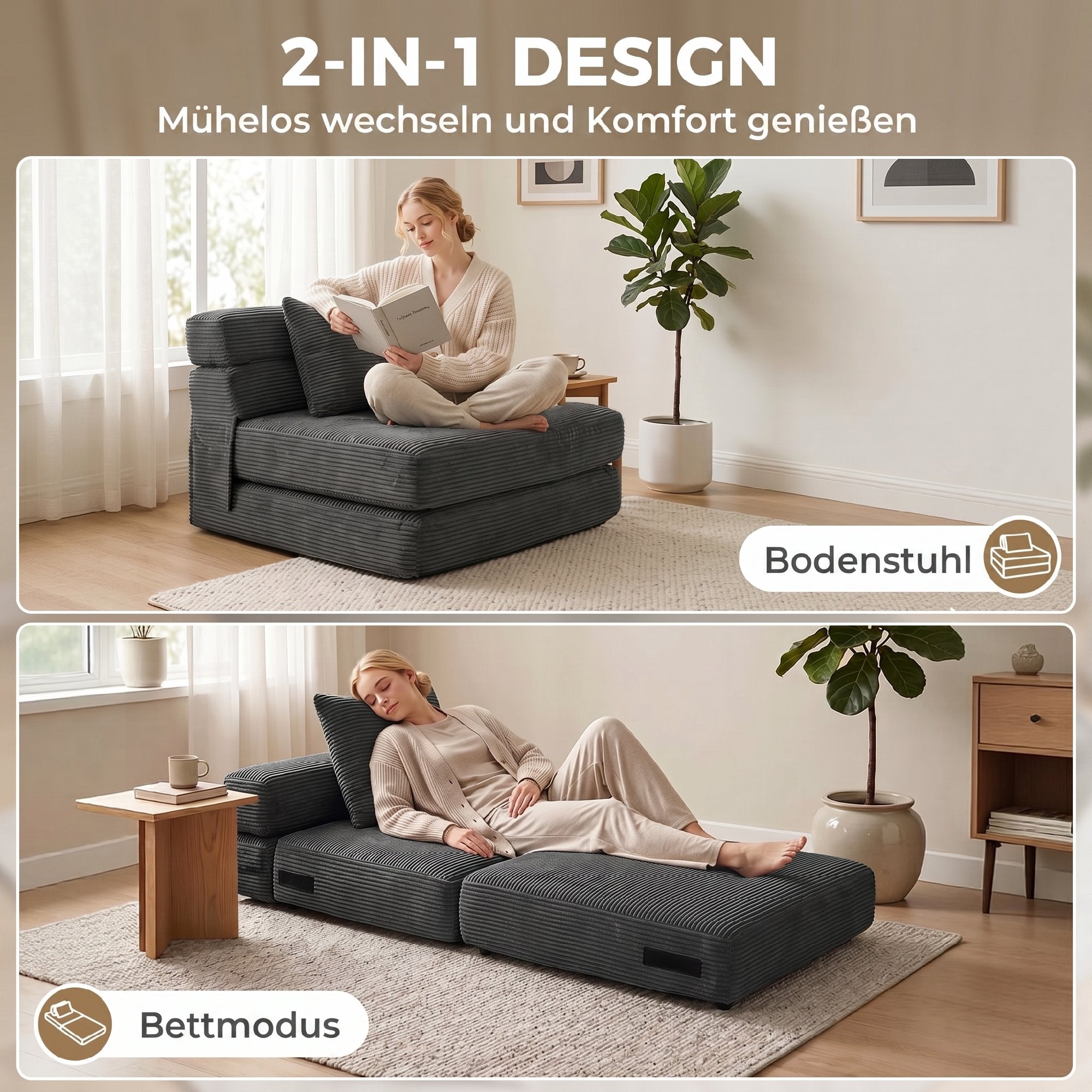 2-in-1 Folding Sleeper Chair — Foldable Sofa Bed with Corduroy Upholstery, Padded Folding Mattress, Guest Floor Chair for Bedroom & Living Room, 39.4 x 29.9 x 24.4 in, Dark Gray