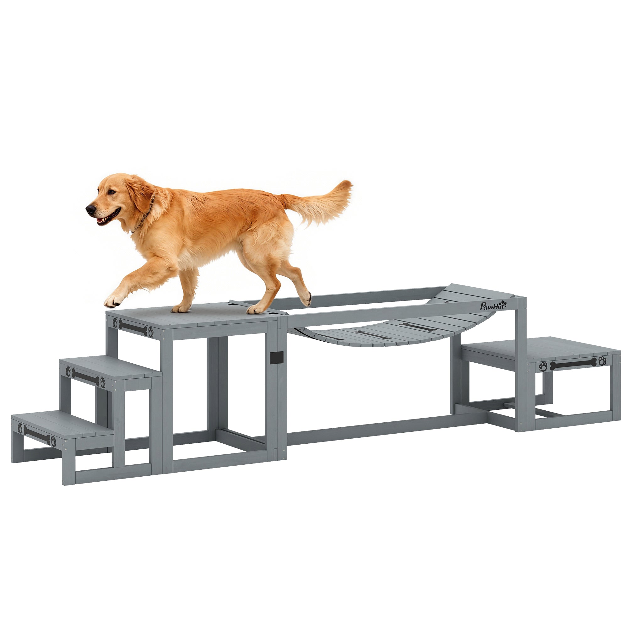 3-Piece Dog Agility Set — Spruce Wood Bridge, Ladder & Platform for Medium to Large Dogs up to 40 kg (88 lb), Gray
