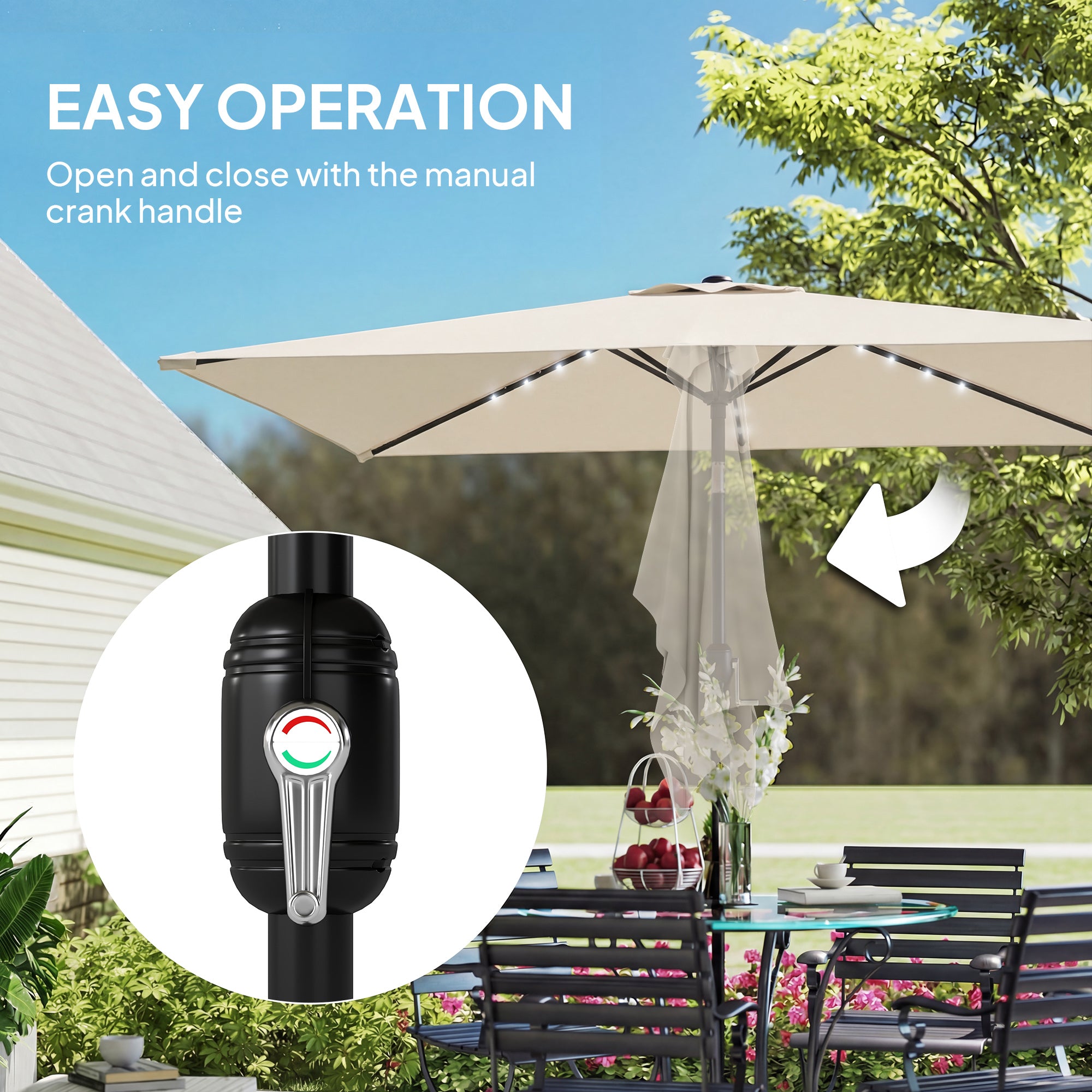 Outdoor Patio Umbrella, 9.5 x 8.2 ft, 24 Solar LED Lights, Tilt Canopy, Metal Pole, Cream
