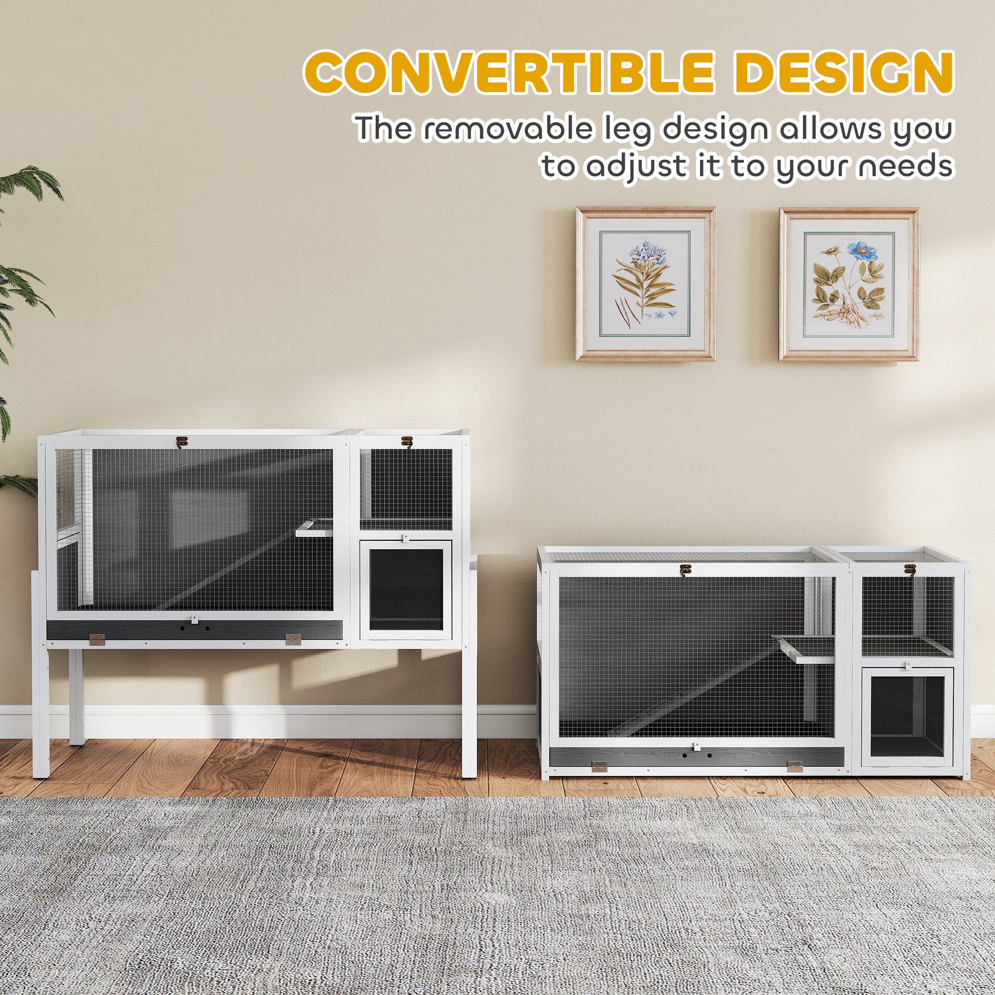 Convertible Wooden Rabbit Hutch with Ramp, 120 x 53 x 93 cm (47.2 x 20.9 x 36.6 in) – Indoor Small Pet Hutch with Nesting Area, Removable Tray, White & Gray