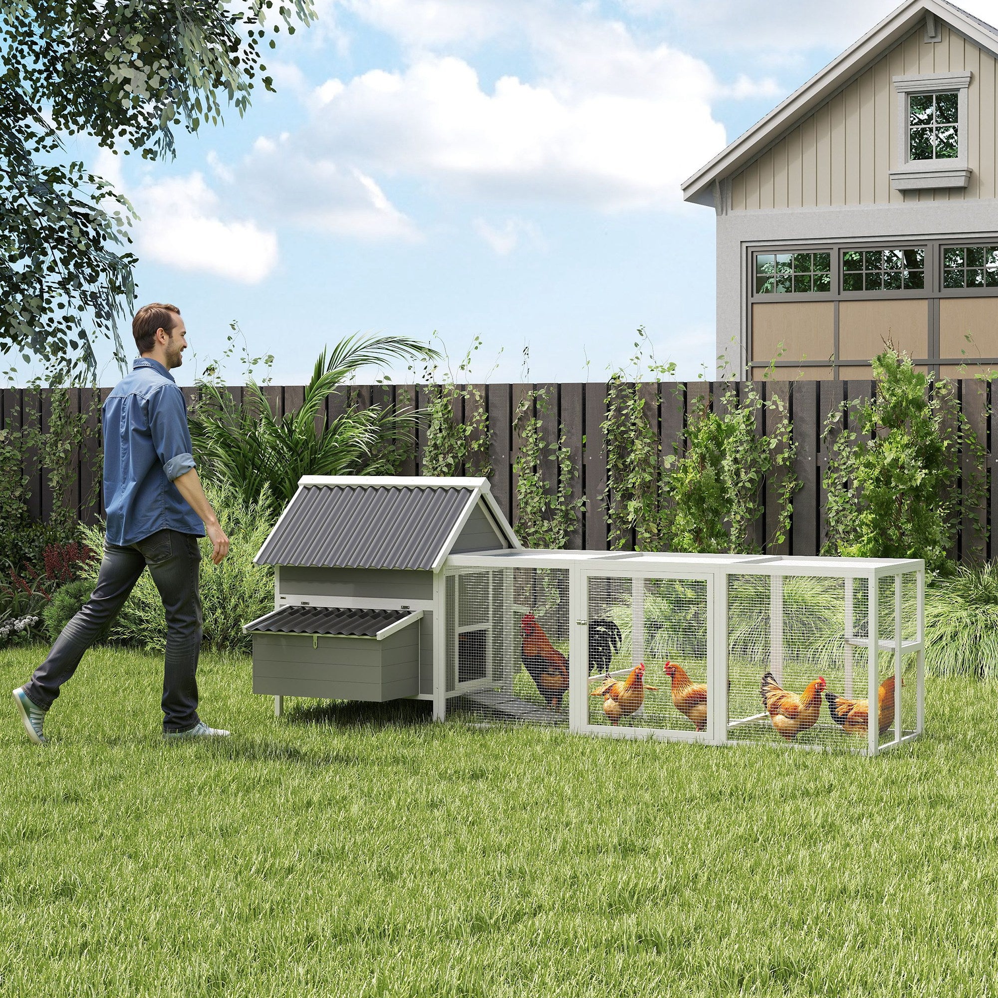 Wooden Chicken Coop with Run, 283 x 133.5 x 112 cm – For 7–10 Hens, 2 Nesting Boxes, Perches & Swing, Gray