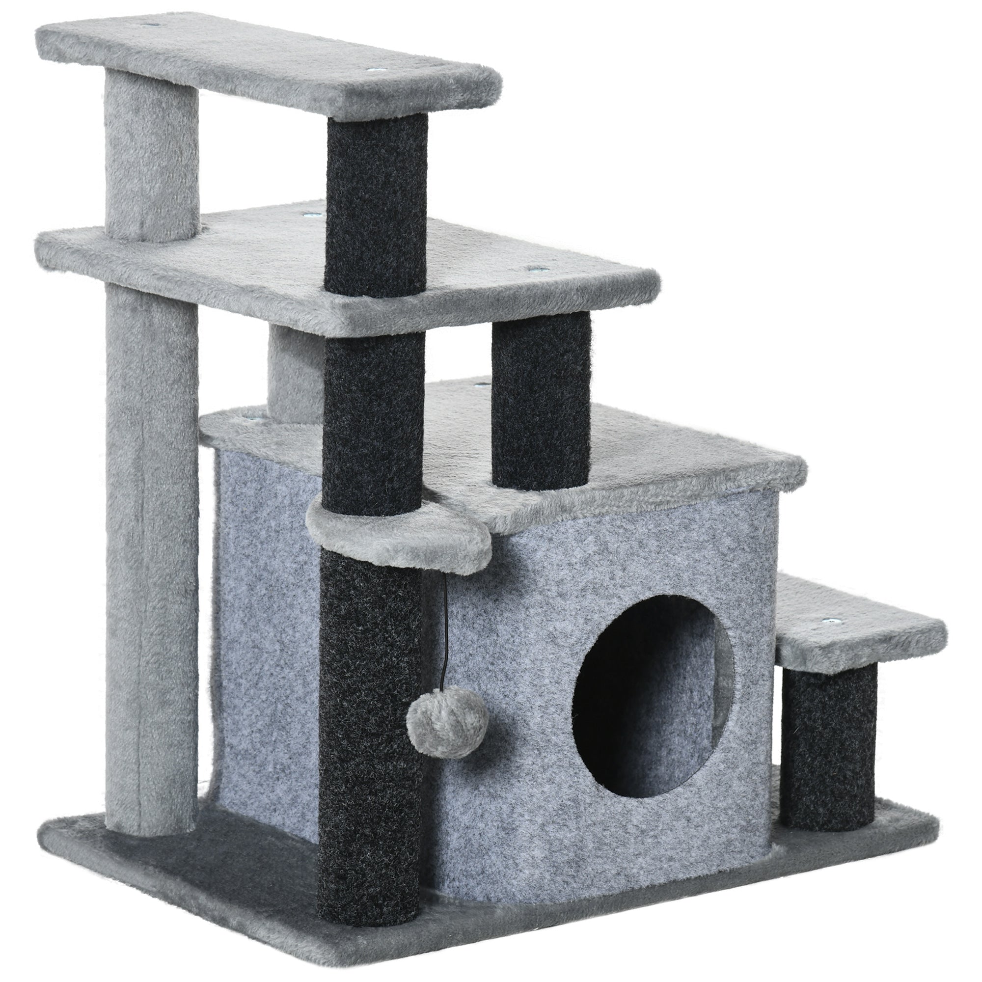 Dog Stairs 3/4 Steps 66 cm High Pet Stairs with Sleep Cave, Ramp, Toy Ball, Cat Stairs for Medium-sized Cat Dog Ramp Accessory for Bed, Sofa, Couch, Gray