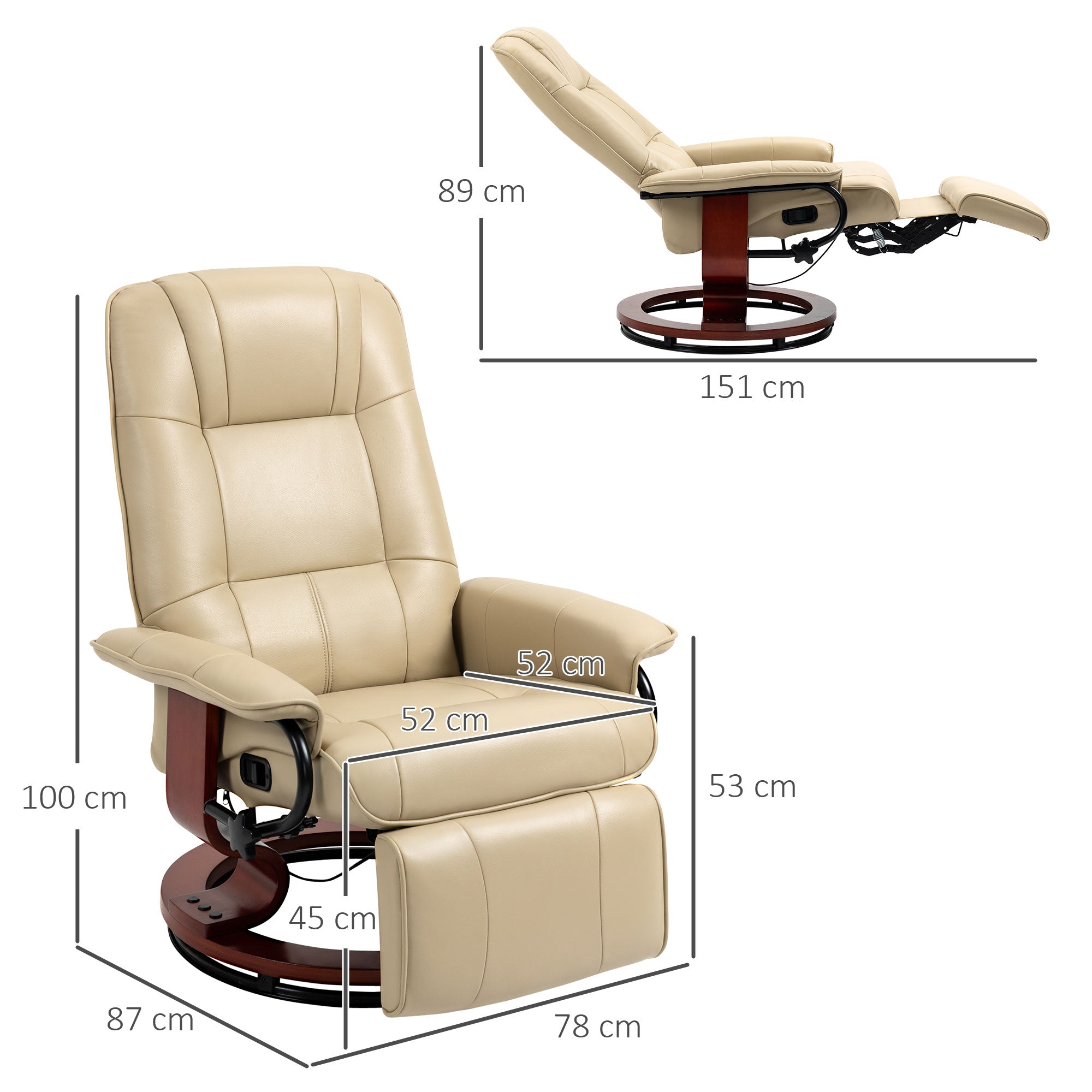 Reclining Armchair with Swivel TV Chair Function, Footrest, Recliner with Armrest, Wooden Legs for Living Room, Bedroom, Faux Leather, Cream White