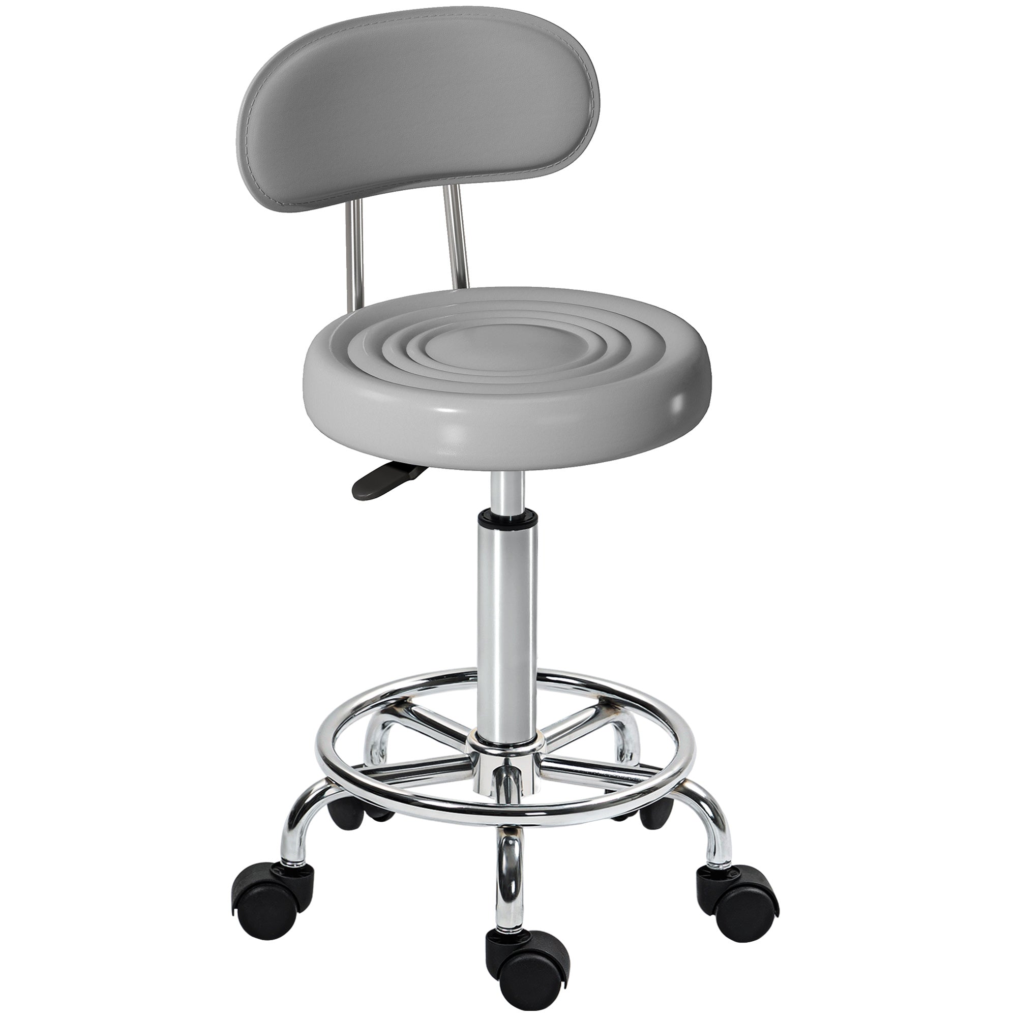 Adjustable Rolling Stool with Backrest — Swivel Salon/Work Chair with Wheels & Footrest, PU Leather, 12.6 x 15.7 x 27.6–33.9 in, Gray