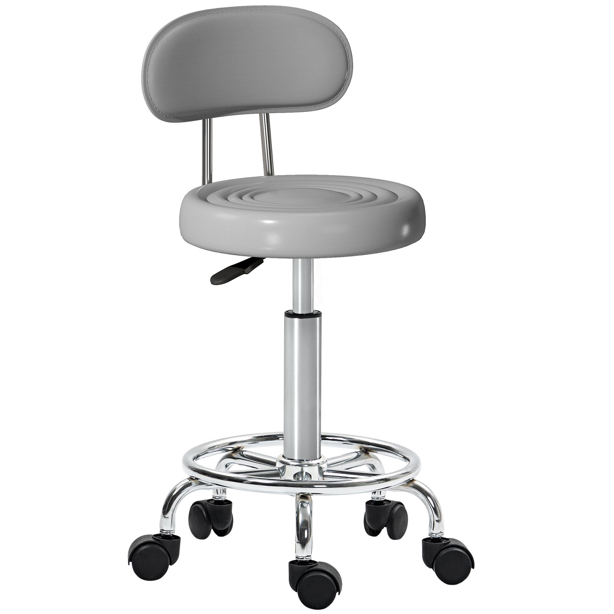 Adjustable Rolling Stool with Backrest — Swivel Salon/Work Chair with Wheels & Footrest, PU Leather, 12.6 x 15.7 x 27.6–33.9 in, Gray