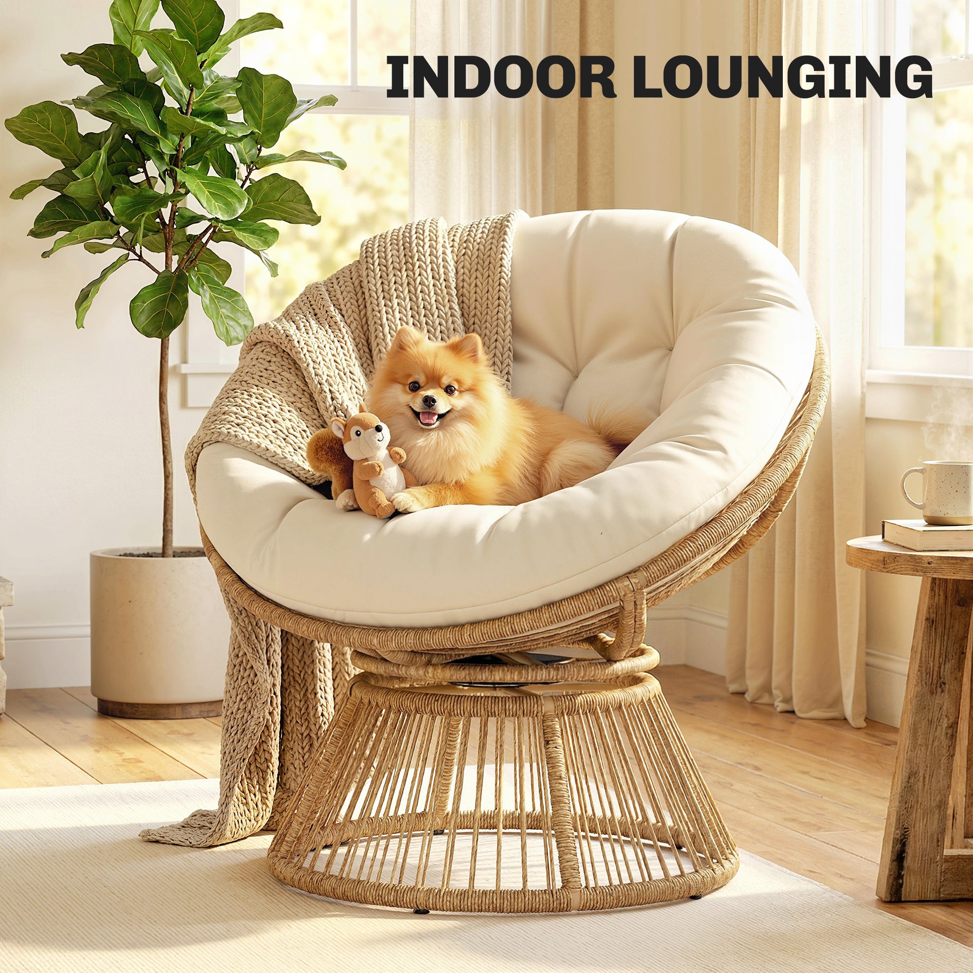360° Swivel Papasan Chair with Cushion, Round PE Rattan Lounger on Steel Frame — Cream White