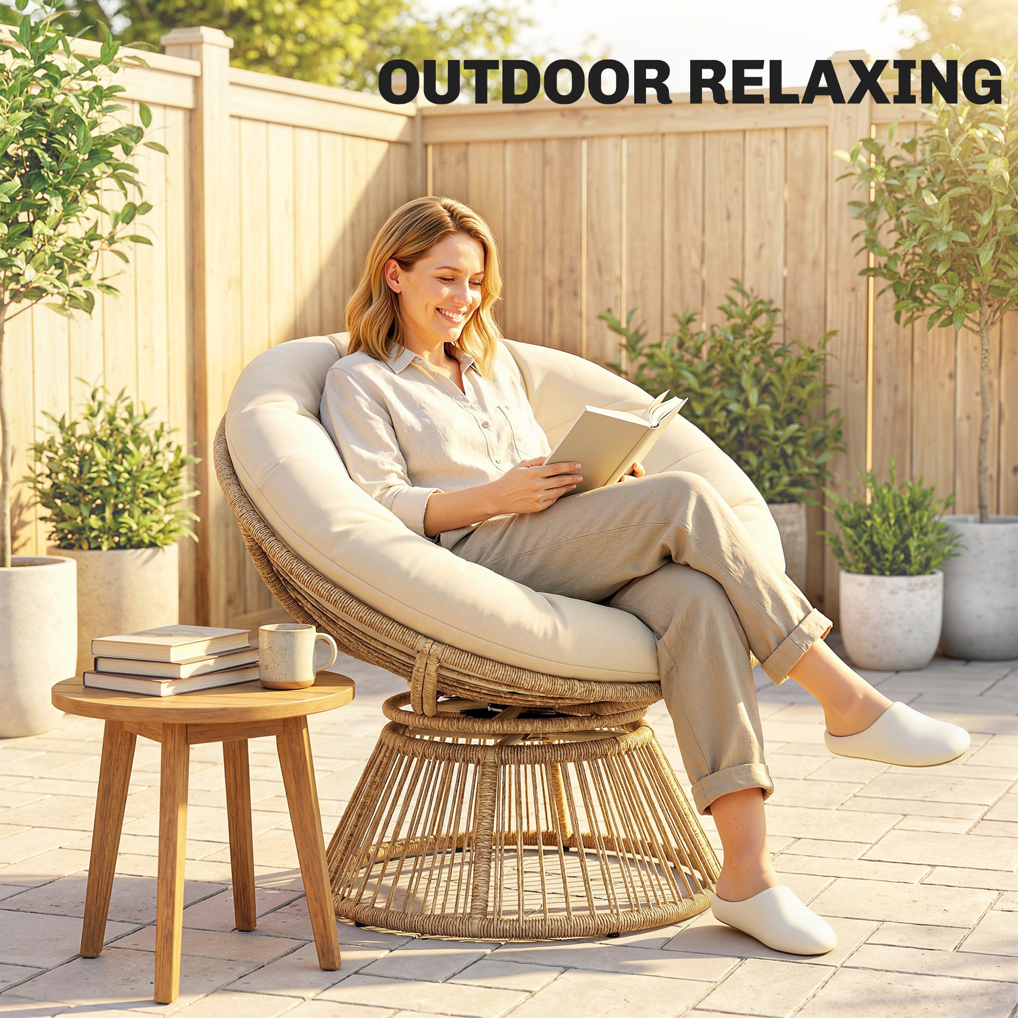 360° Swivel Papasan Chair with Cushion, Round PE Rattan Lounger on Steel Frame — Cream White