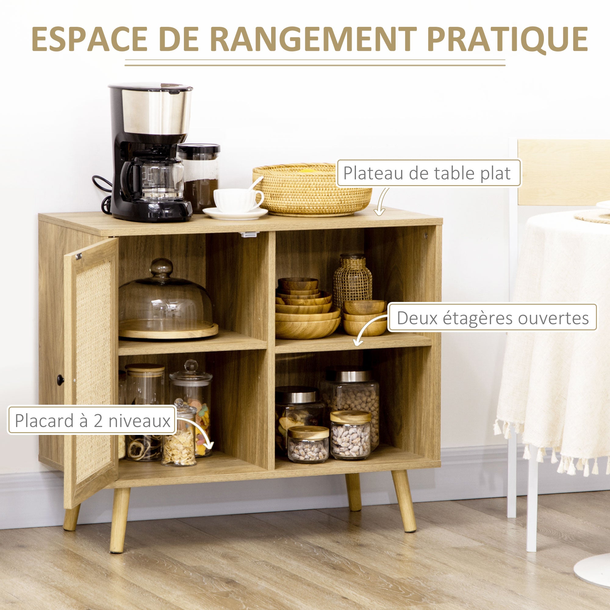 Storage Buffet Cabinet with 1 Rattan Effect Wood Door - dim. 80L x 39W x 70H cm