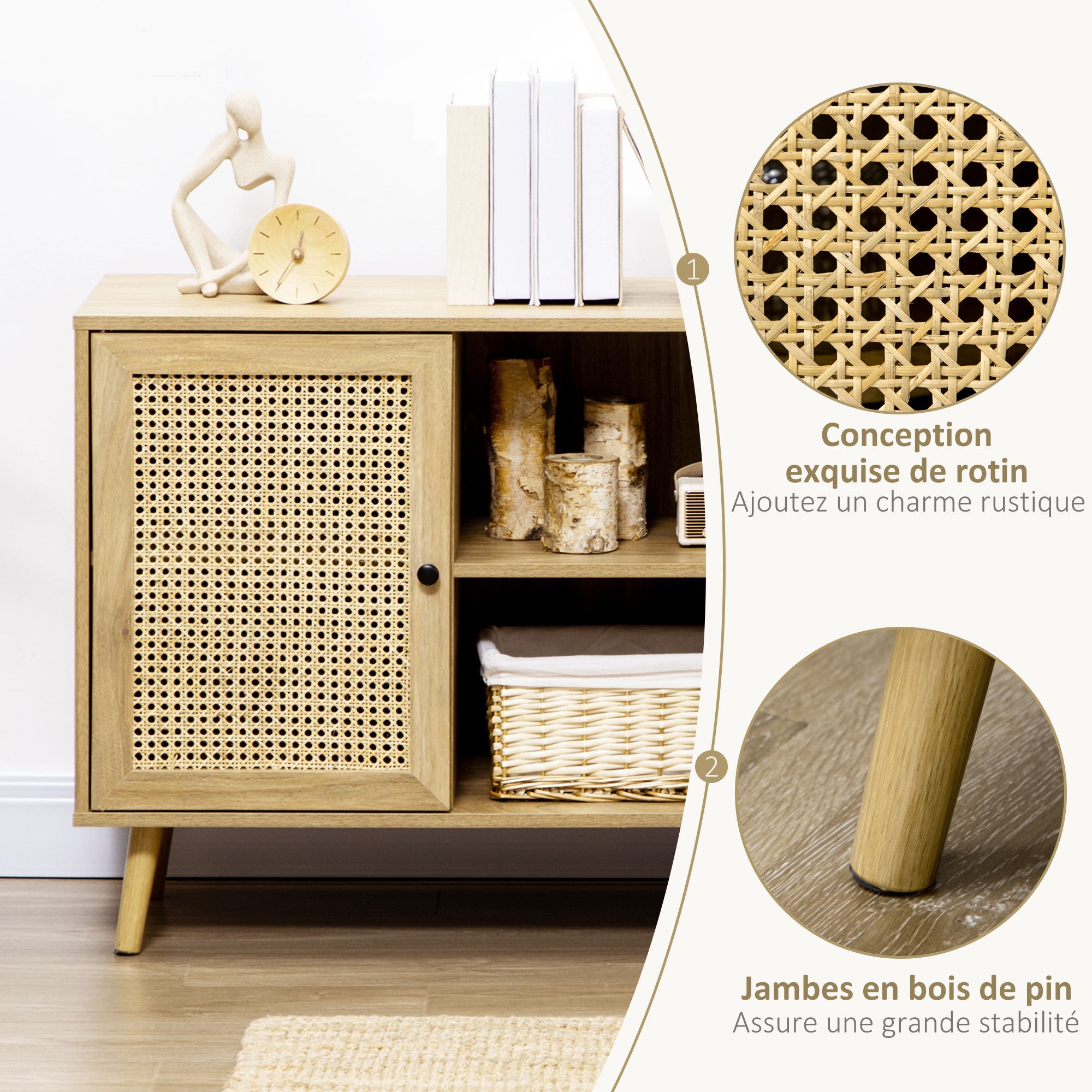 Storage Buffet Cabinet with 1 Rattan Effect Wood Door - dim. 80L x 39W x 70H cm