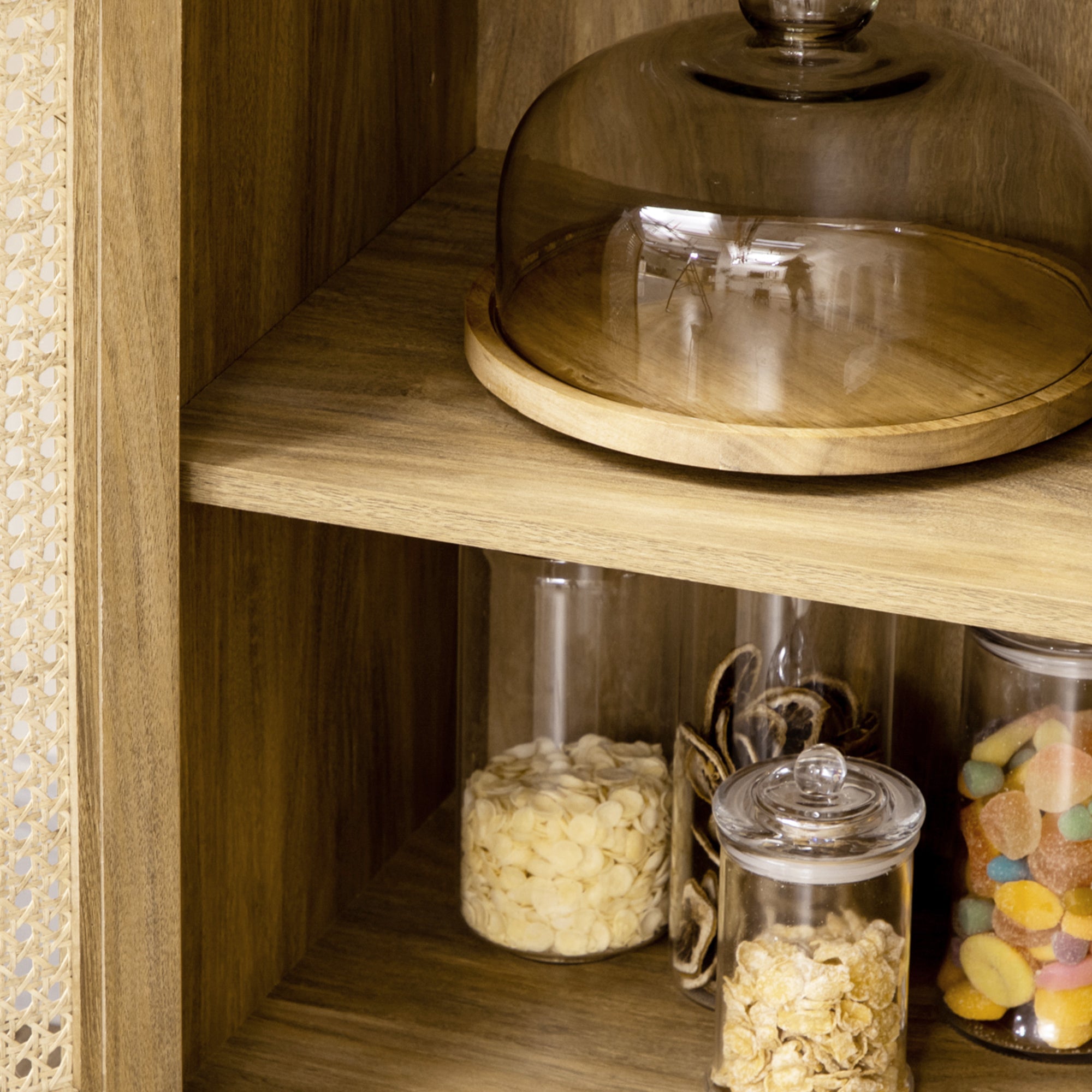 Storage Buffet Cabinet with 1 Rattan Effect Wood Door - dim. 80L x 39W x 70H cm