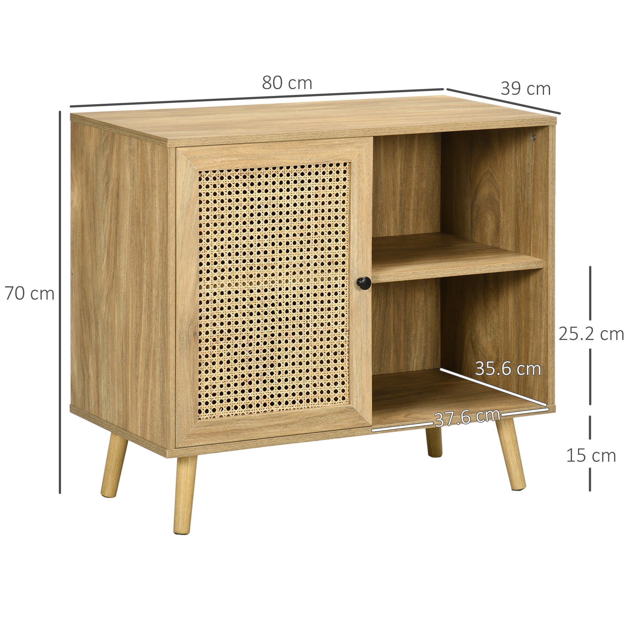 Storage Buffet Cabinet with 1 Rattan Effect Wood Door - dim. 80L x 39W x 70H cm