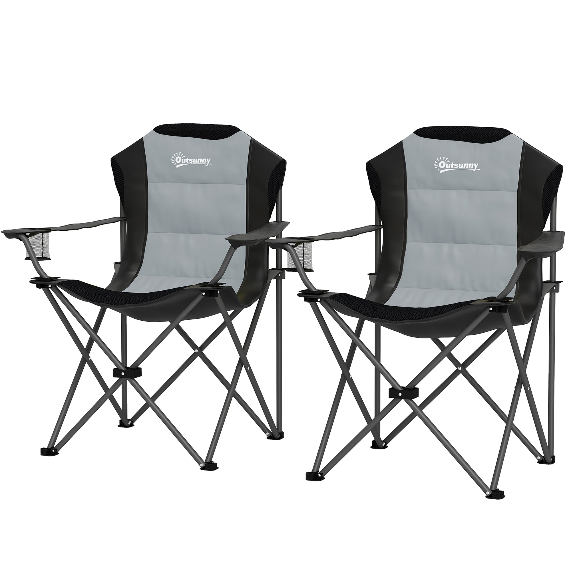 Set of 2 Folding Camping Chairs Portable Padded High Back Fishing Chair with Cup Holder, Foldable Chair for Hiking, Beach, Picnic, Travel, 120kg Load, Dark Gray