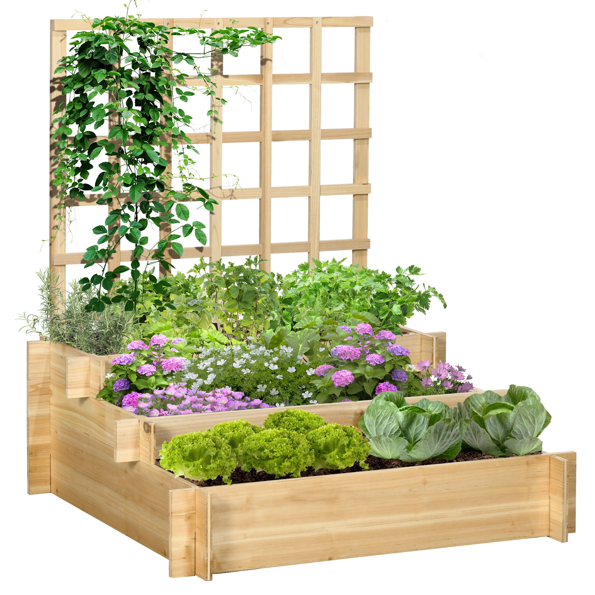 3-Tier Urban Garden with Trellis Planter Stand Wood with Non-woven Fabric for Growing Vegetables Flowers Herbs 95x95x110 cm Natural