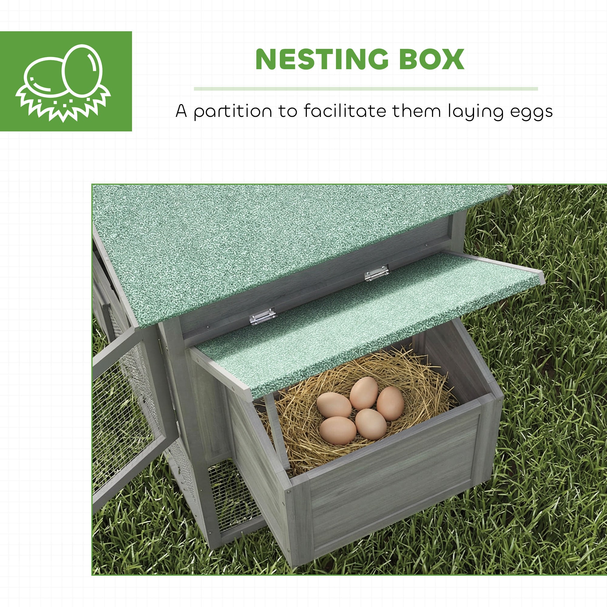 Wooden Chicken Coop with Run, 168 x 75 x 103 cm (66.1 x 29.5 x 40.6 in) — Nest Box, Ramp & Pull-Out Tray, Asphalt Roof — Gray/Green, Fits 2–4 Chickens
