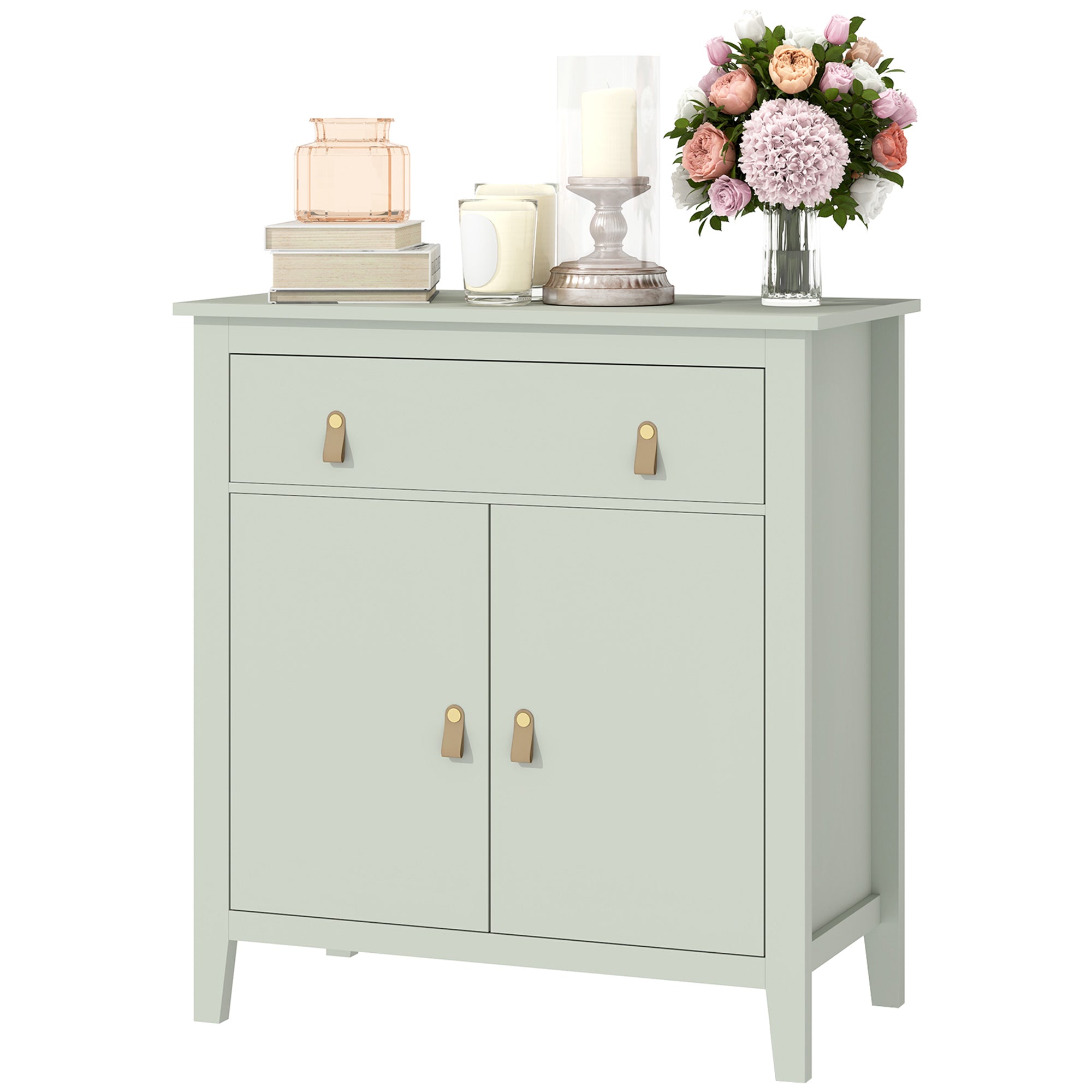 Sideboard Cabinet with Drawer and Double Door, Adjustable Shelf, PU Handles, Modern Style Buffet for Dining Room & Kitchen, 31.5 x 15.7 x 35.4 in, Light Green