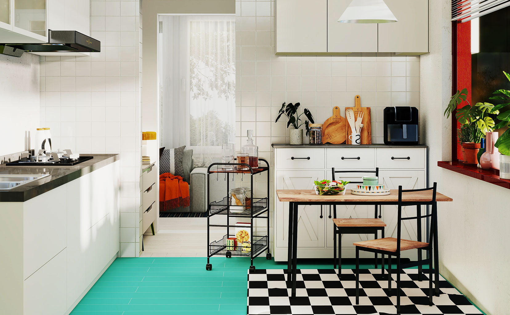 Modern kitchen with white cabinets, black and white checkered floor, and a small dining area.