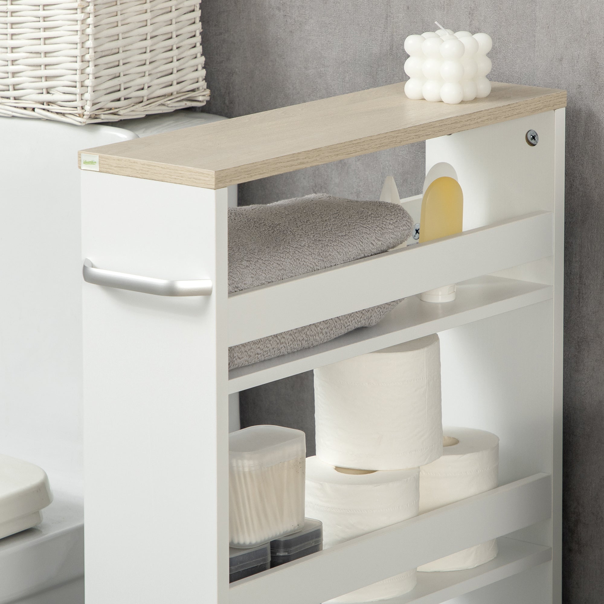 3-Tier Narrow Bathroom Storage Shelf with Side Handle and Wheels for Kitchen Living Room Modern Style 48x15x80 cm White