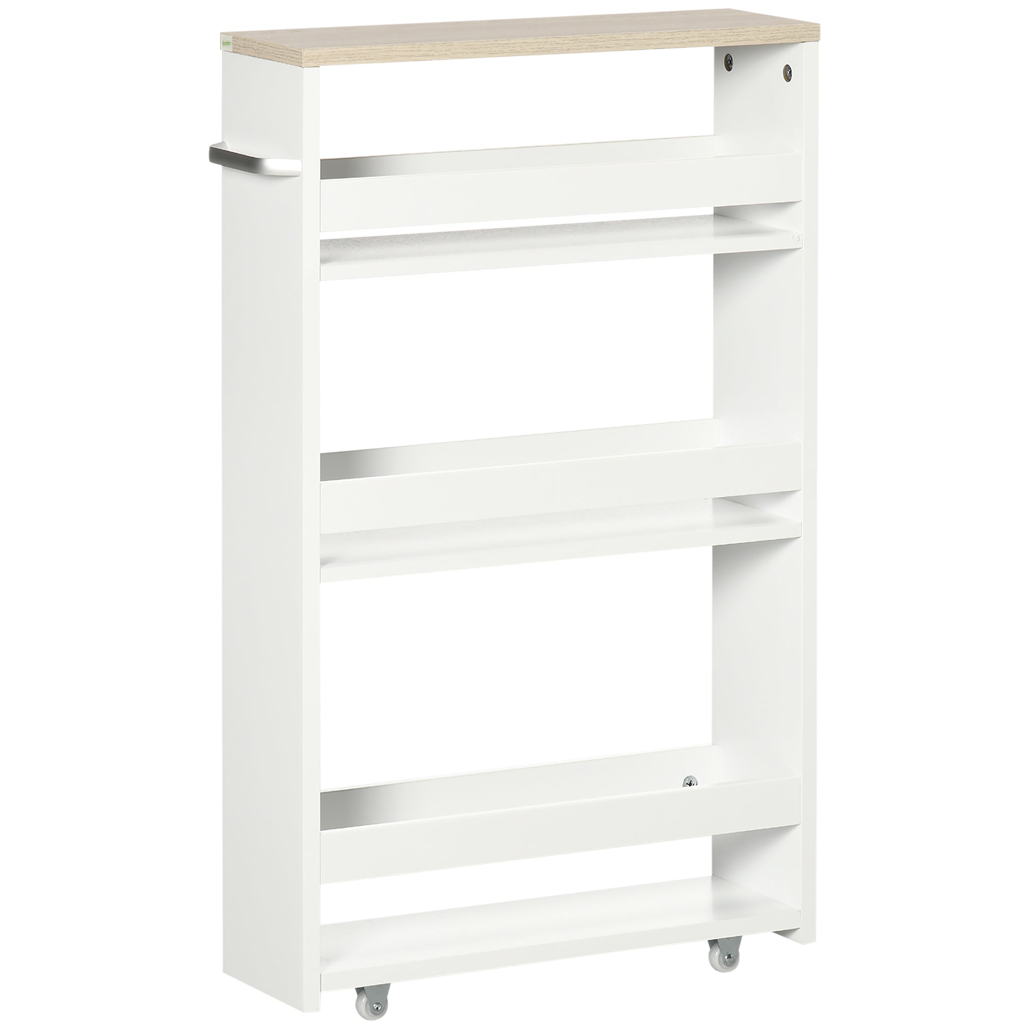 3-Tier Narrow Bathroom Storage Shelf with Side Handle and Wheels for Kitchen Living Room Modern Style 48x15x80 cm White