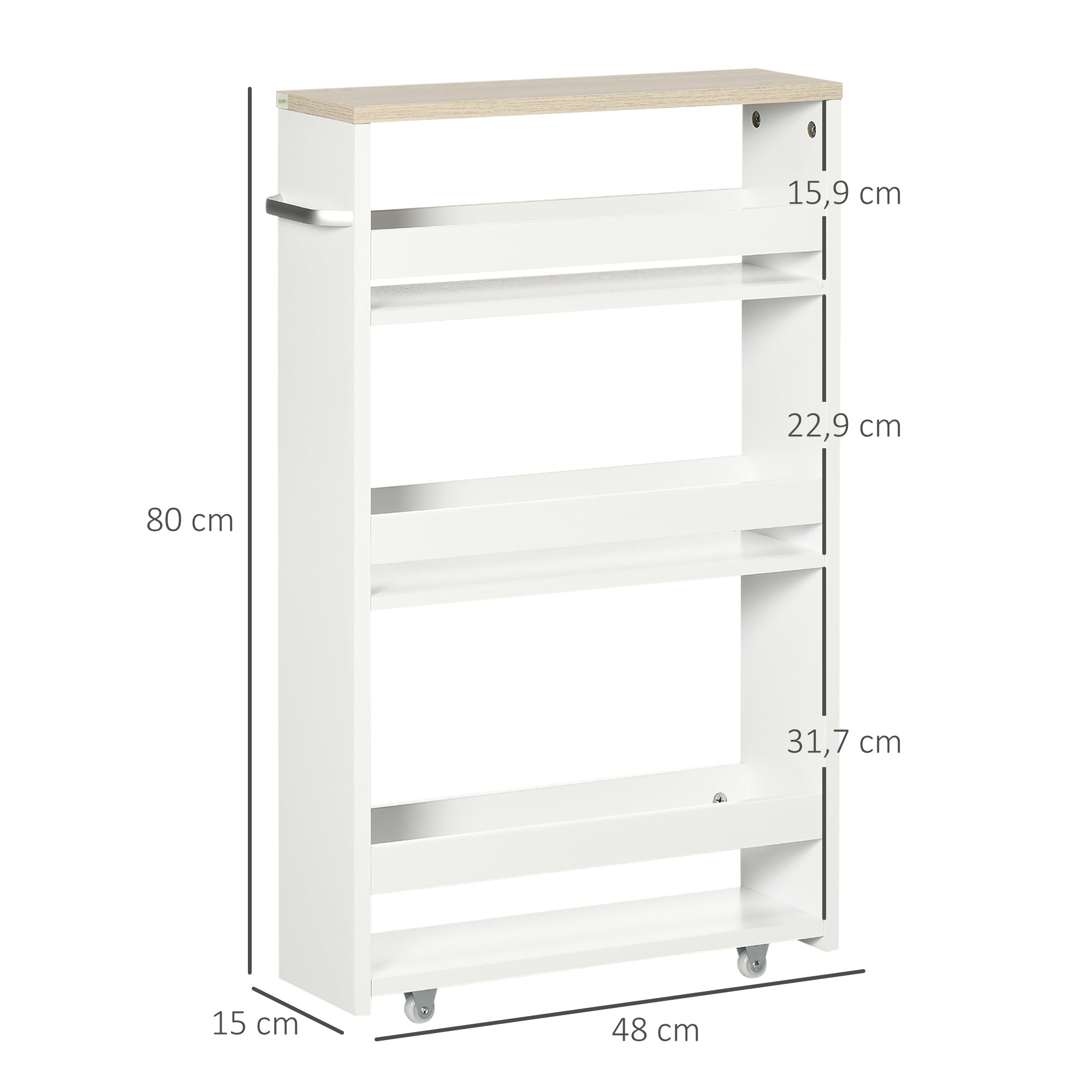 3-Tier Narrow Bathroom Storage Shelf with Side Handle and Wheels for Kitchen Living Room Modern Style 48x15x80 cm White