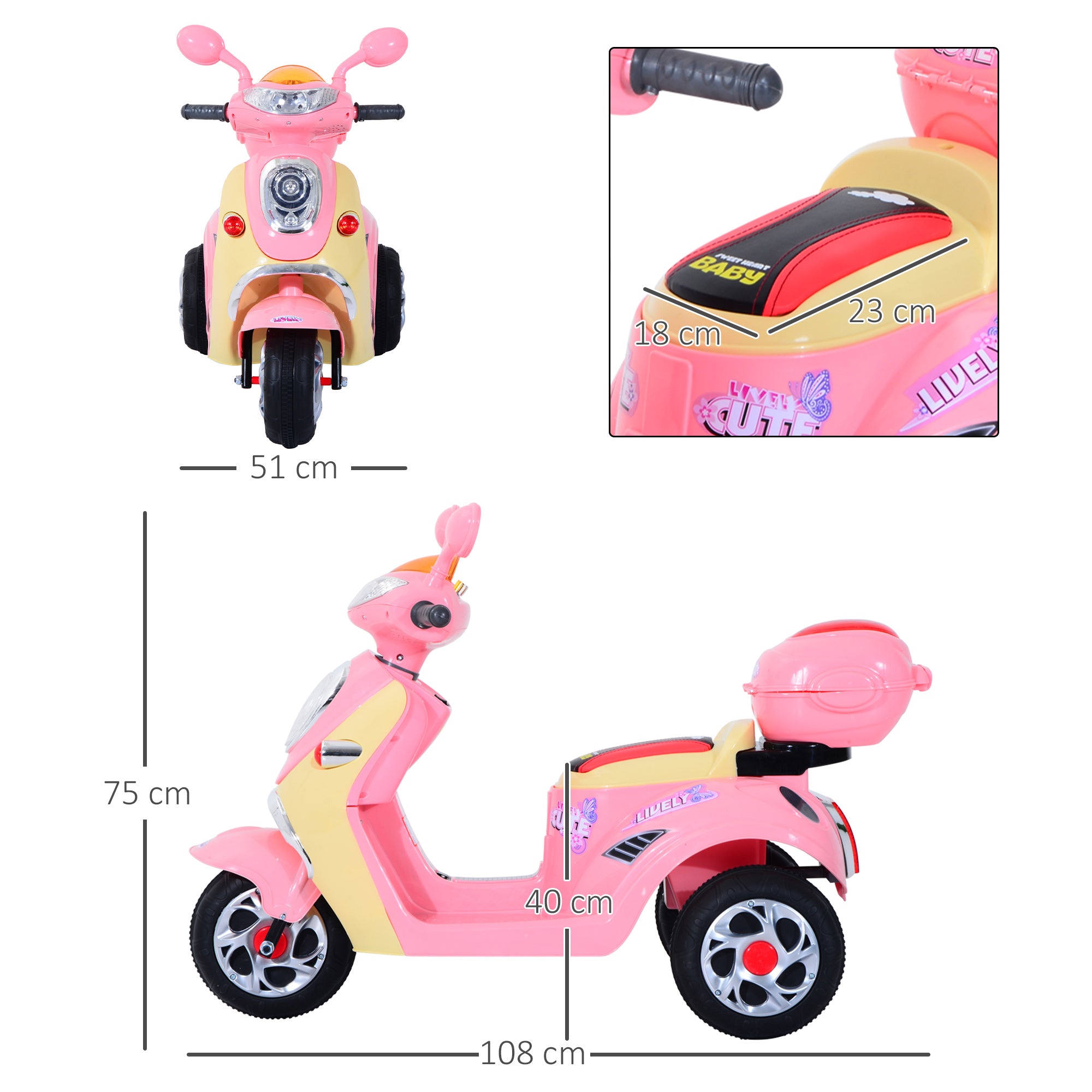 Electric Children's Motorcycle Electric Motorcycle Kids Electric Car Tricycle, 6V, Metal+PP, 108x51x75cm (Pink+Yellow)