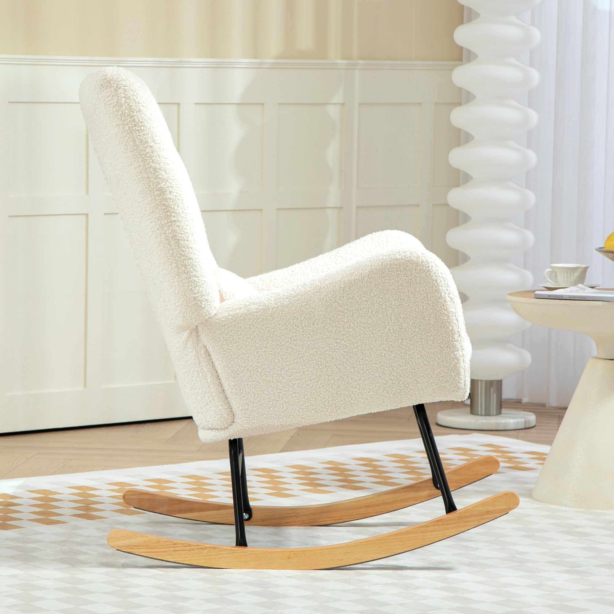 Rocking Chair, Rocking Armchair with Armrest, Teddy Fabric Look, Nursing Chair with Wooden Rockers, Lumbar Pillow, Relaxing Rocking Chair for Living Room, Bedroom, Cream White