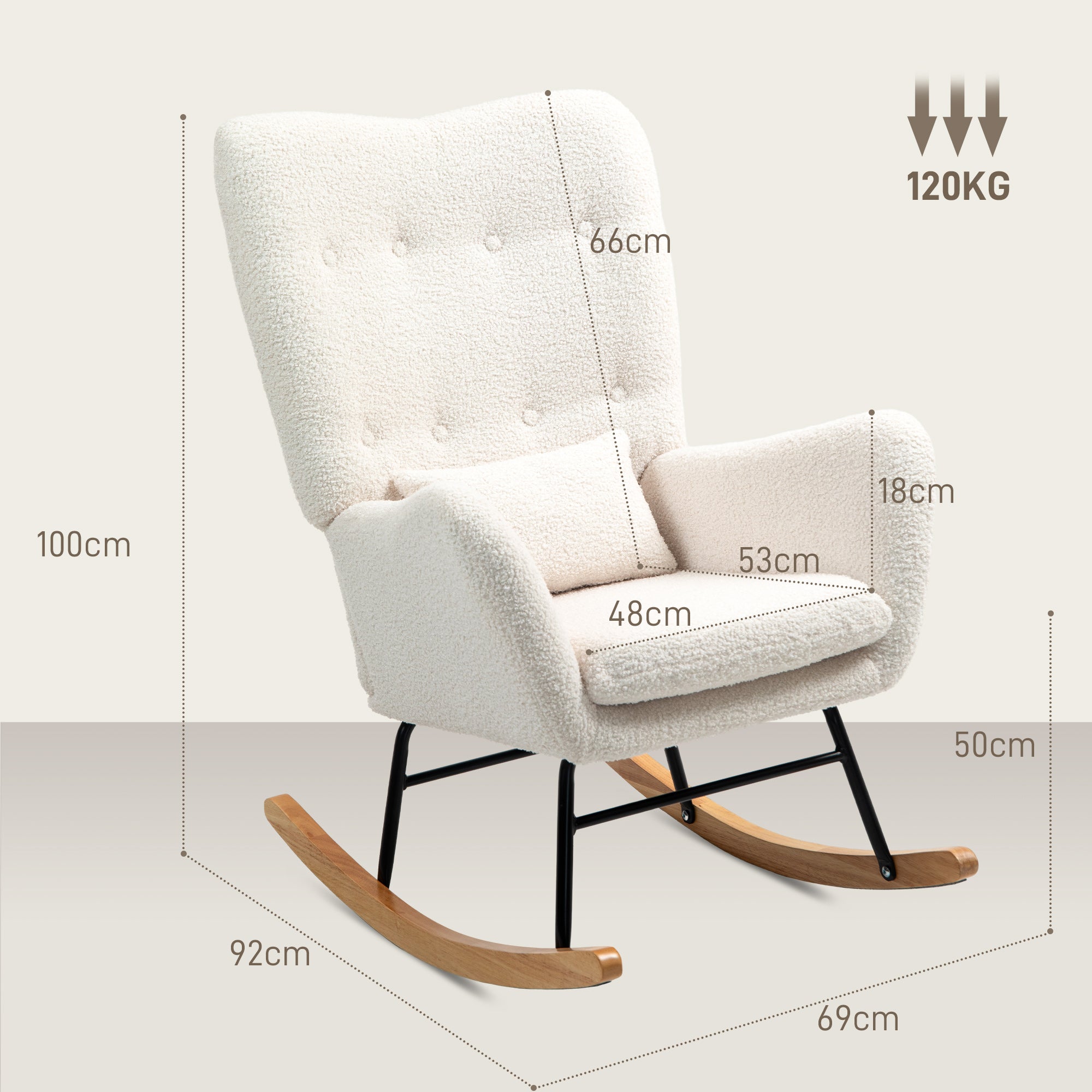 Rocking Chair, Rocking Armchair with Armrest, Teddy Fabric Look, Nursing Chair with Wooden Rockers, Lumbar Pillow, Relaxing Rocking Chair for Living Room, Bedroom, Cream White
