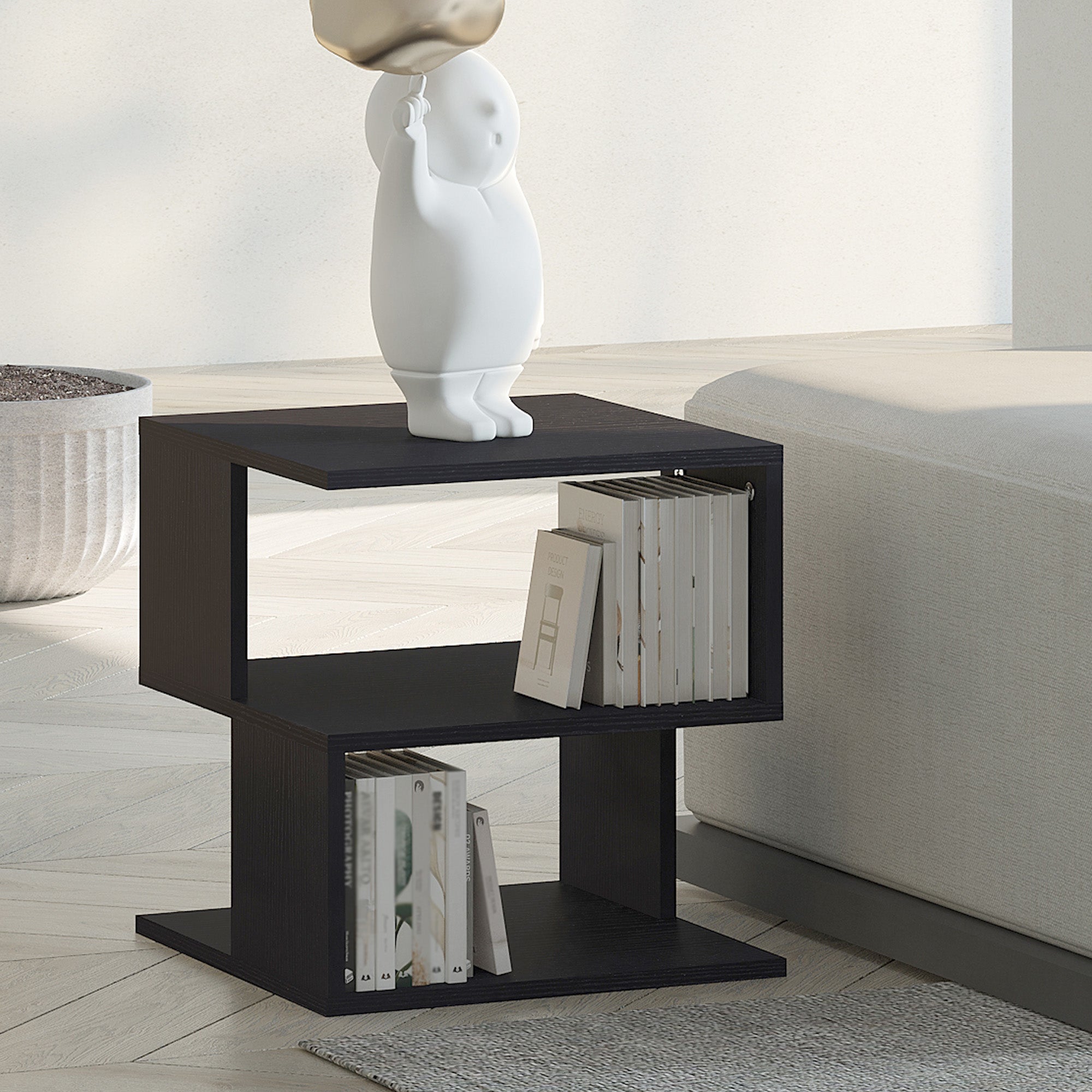 Design Coffee Table, White Living Room Table, 2 Open Shelves, Modern Design, Coffee and Living Room Table, Wood, 40x40x43 cm, Black