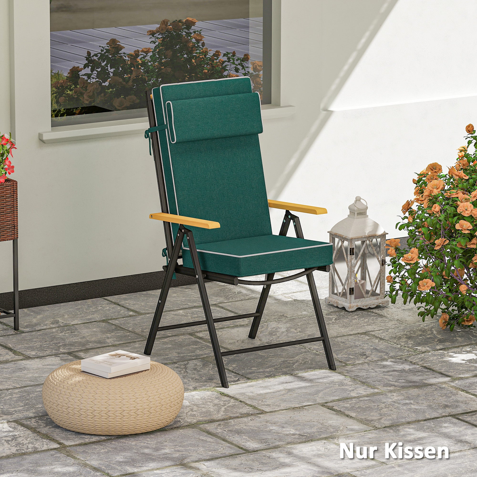 Seat Cushion 120 x 47 x 9.5 cm Water-Resistant Chair Pad with Straps, Headrest, UPF50+ Outdoor Indoor Seat Pad, Seat Pillow for Folding Chair, Dining Chair, Green