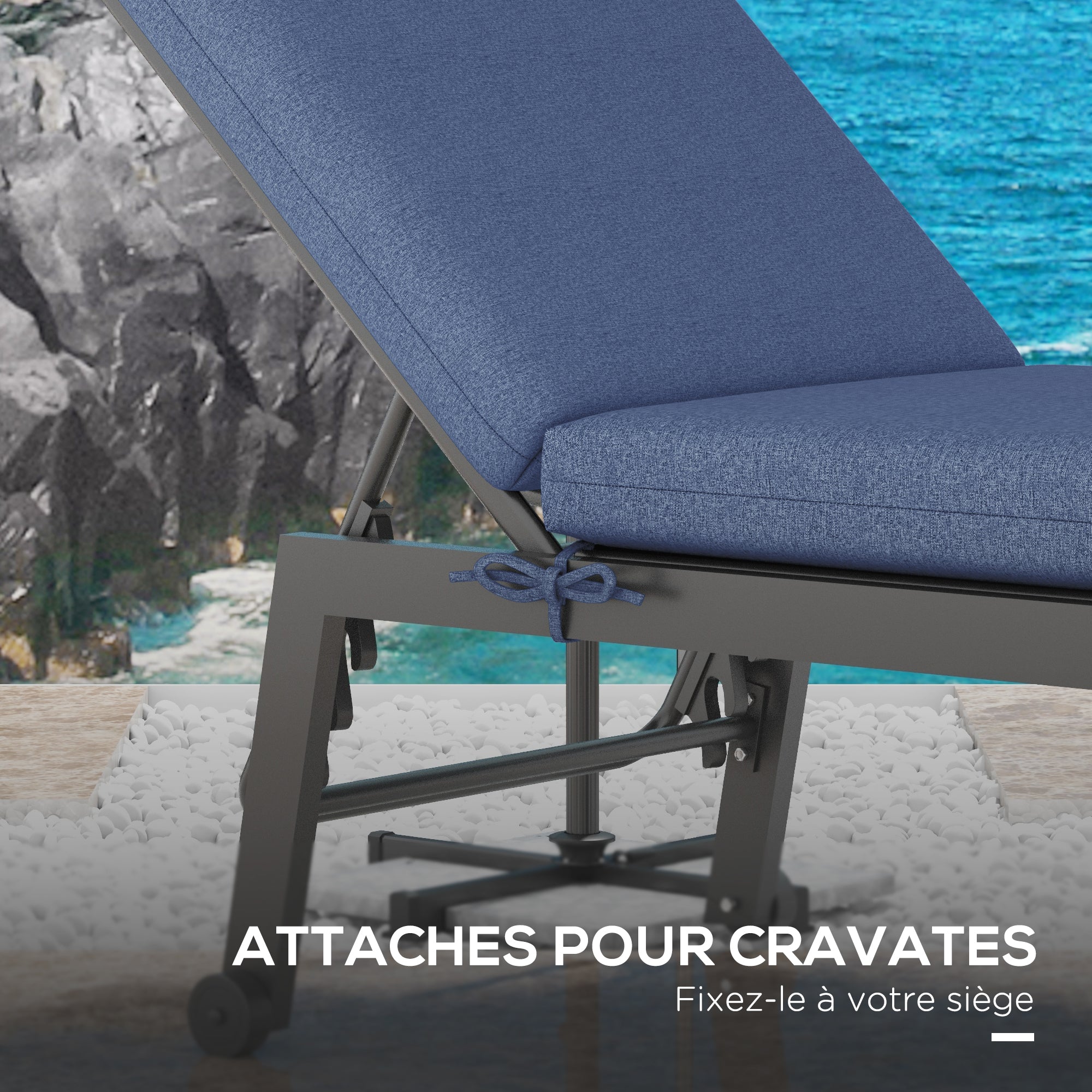 Set of 2 Lounger Mattress Cushions for Sun Lounger Chair with Fastening Straps for Garden Dimensions 190.5L x 58.4W x 7H cm Blue