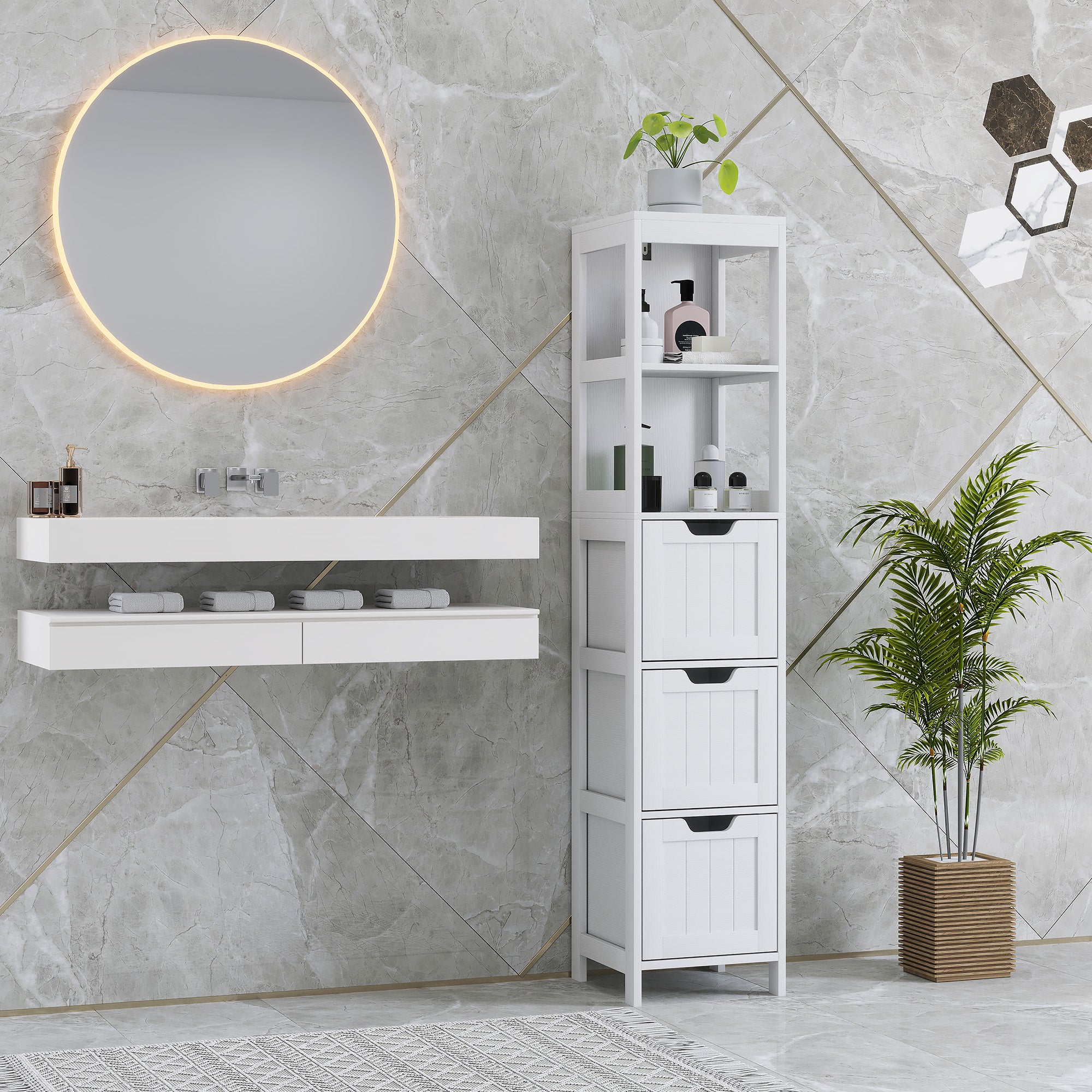 Bathroom Cabinet, Tall Bathroom Cabinet with 3 Drawers, 2 Open Shelves, Storage Cabinet for Bathroom, Living Room, White, 30 x 30 x 142.4 cm