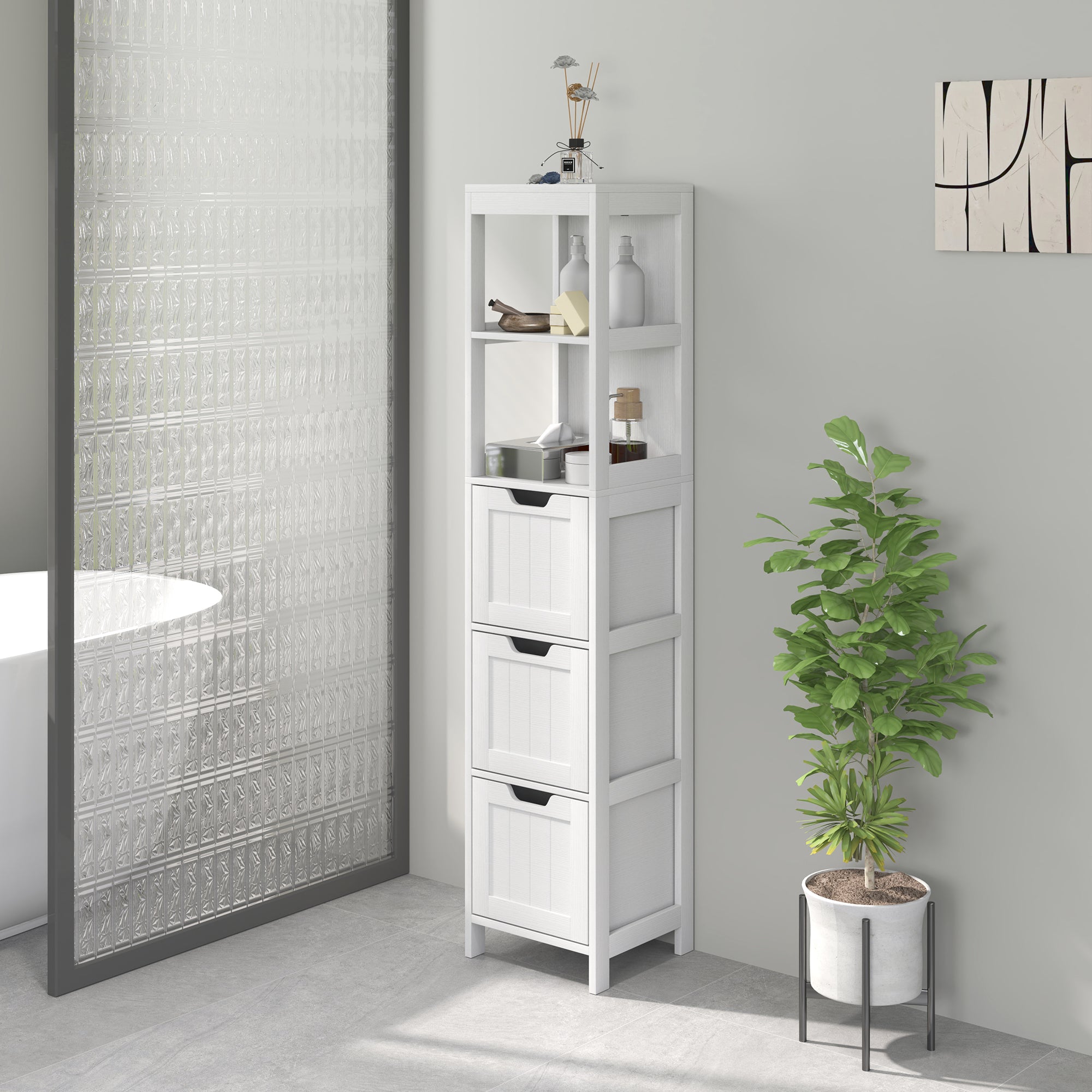Bathroom Cabinet, Tall Bathroom Cabinet with 3 Drawers, 2 Open Shelves, Storage Cabinet for Bathroom, Living Room, White, 30 x 30 x 142.4 cm