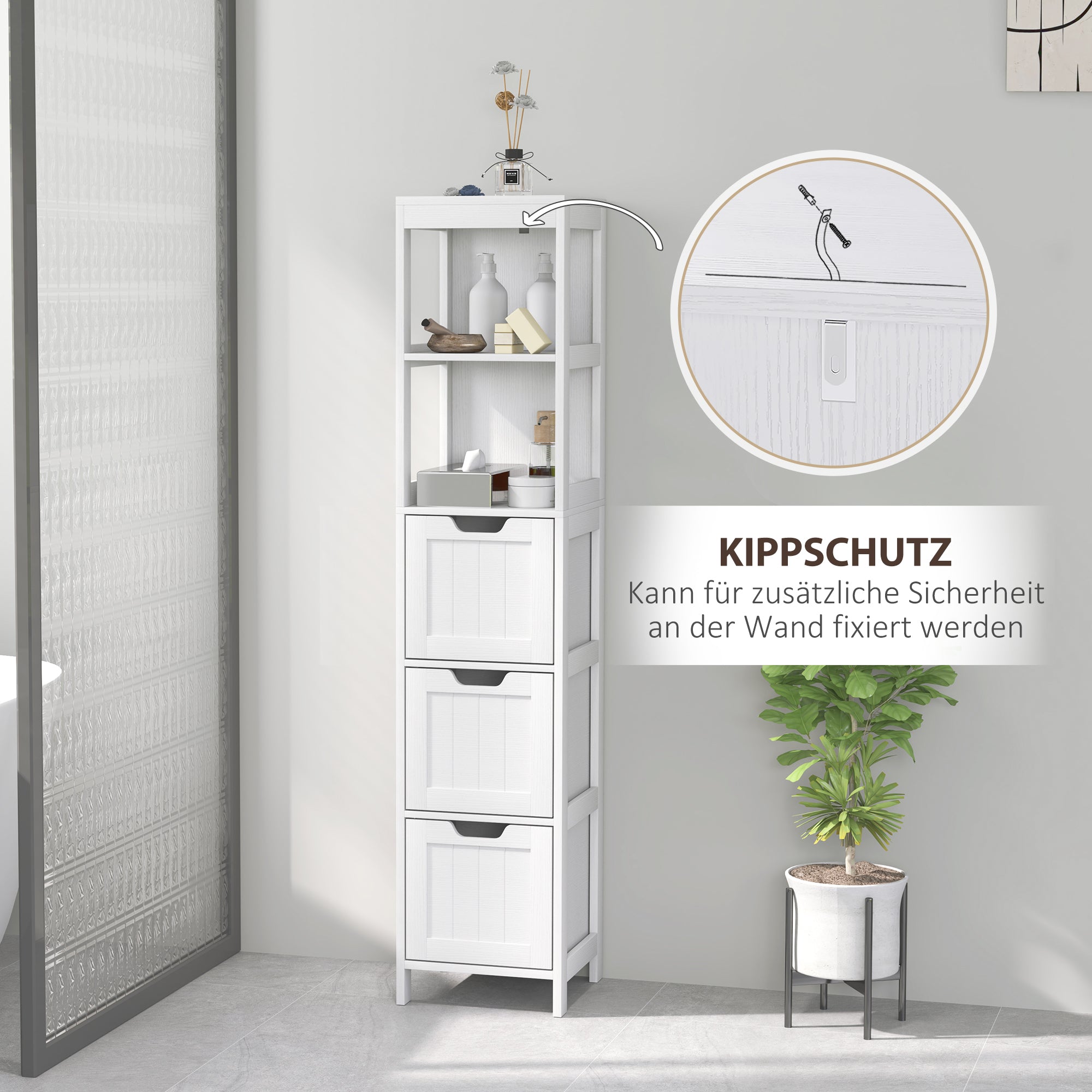 Bathroom Cabinet, Tall Bathroom Cabinet with 3 Drawers, 2 Open Shelves, Storage Cabinet for Bathroom, Living Room, White, 30 x 30 x 142.4 cm