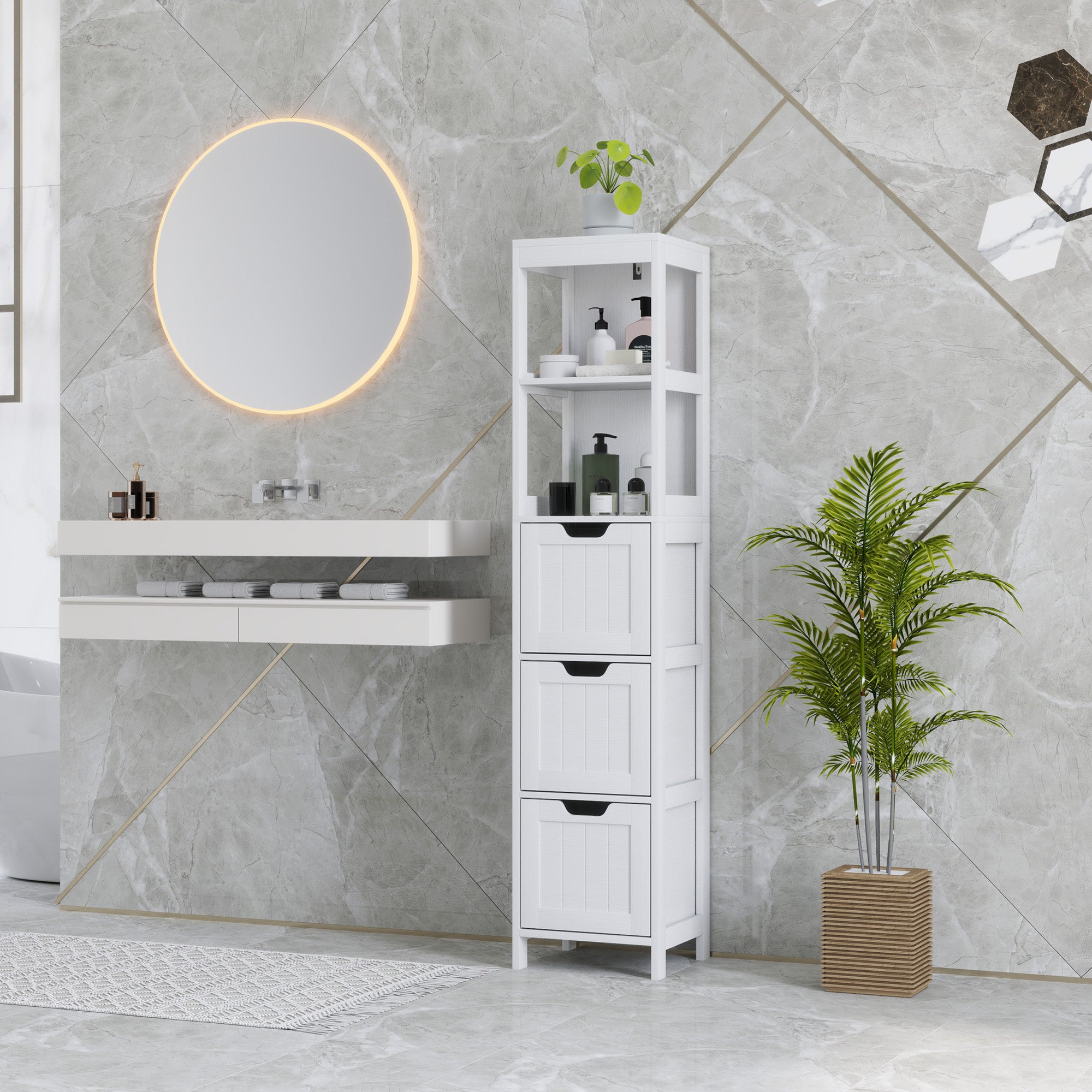 Bathroom Cabinet, Tall Bathroom Cabinet with 3 Drawers, 2 Open Shelves, Storage Cabinet for Bathroom, Living Room, White, 30 x 30 x 142.4 cm