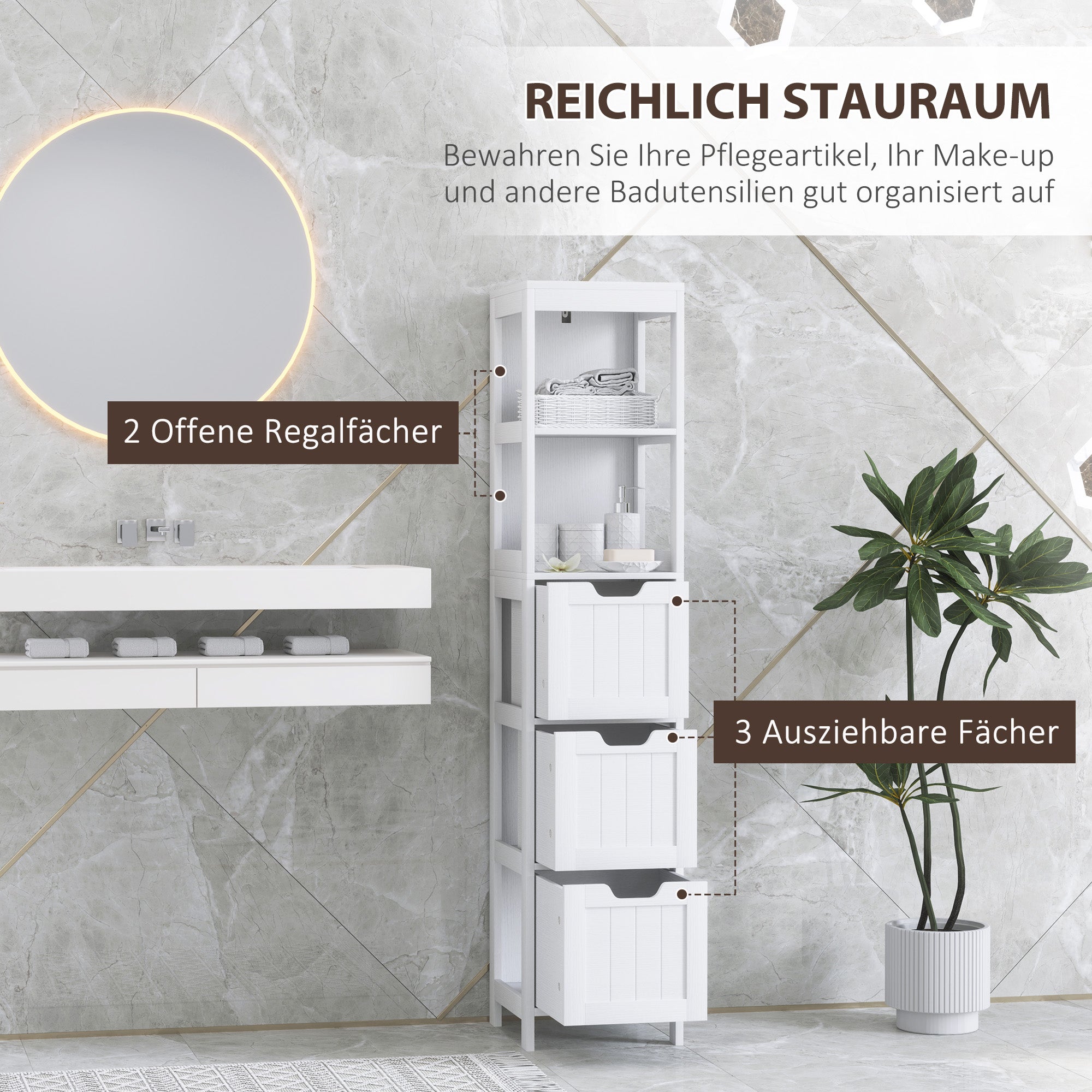 Bathroom Cabinet, Tall Bathroom Cabinet with 3 Drawers, 2 Open Shelves, Storage Cabinet for Bathroom, Living Room, White, 30 x 30 x 142.4 cm