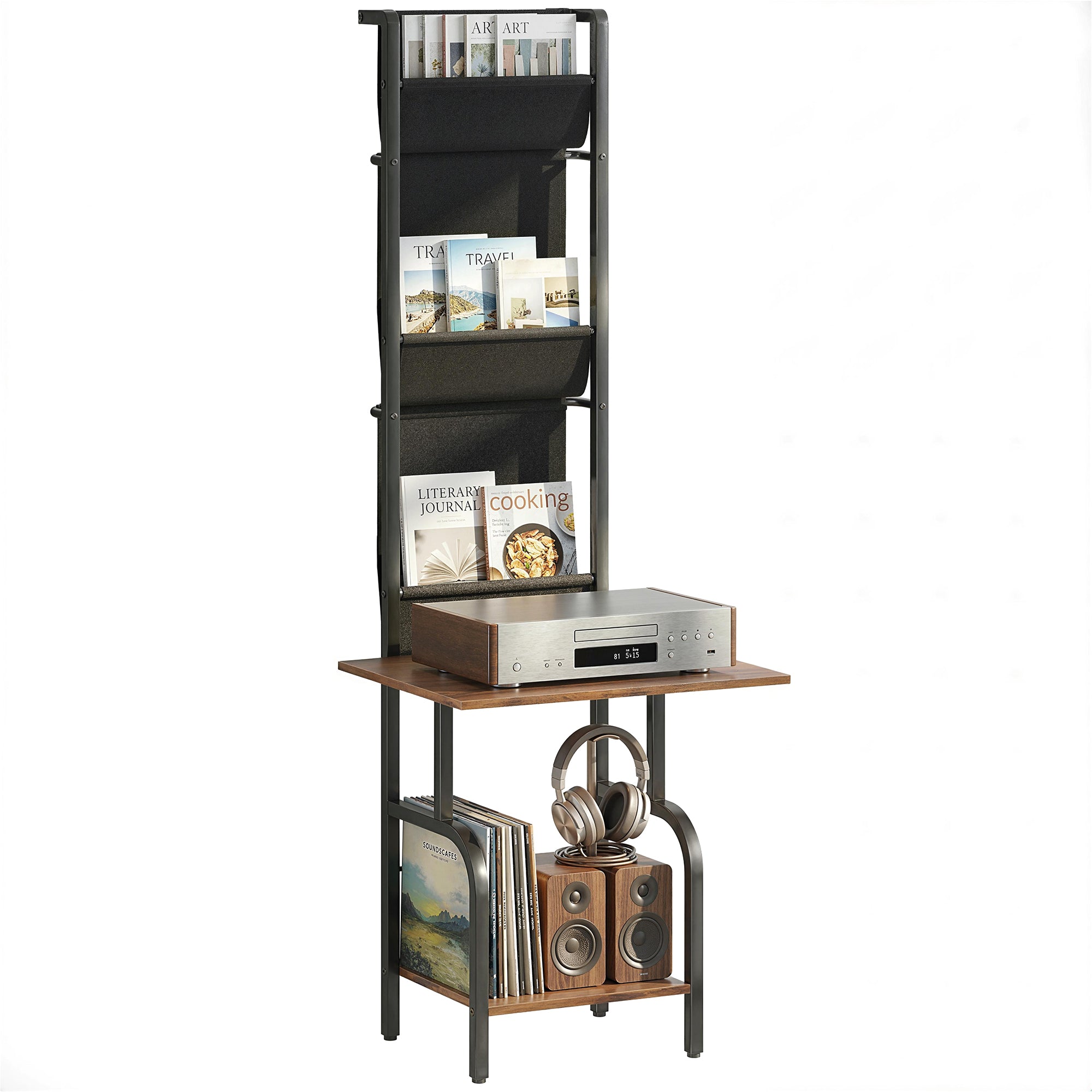 CD/DVD/Blu-ray Rack with 3 Fabric Pockets & Table — Industrial Media Shelf, Rustic Brown/Black (19.7 x 19.1 x 56.7 in)
