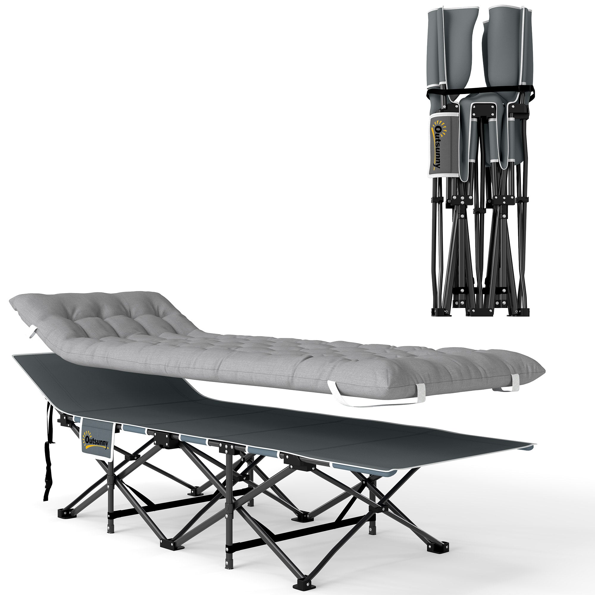 Folding Camp Bed Camping Bed with Mattress Pillow Side Pocket 190 x 65 x 37 cm Camping Cot for Adults Guest Bed up to 150 kg Foldable Bed for Outdoor, Garden Camping Travel Light gray