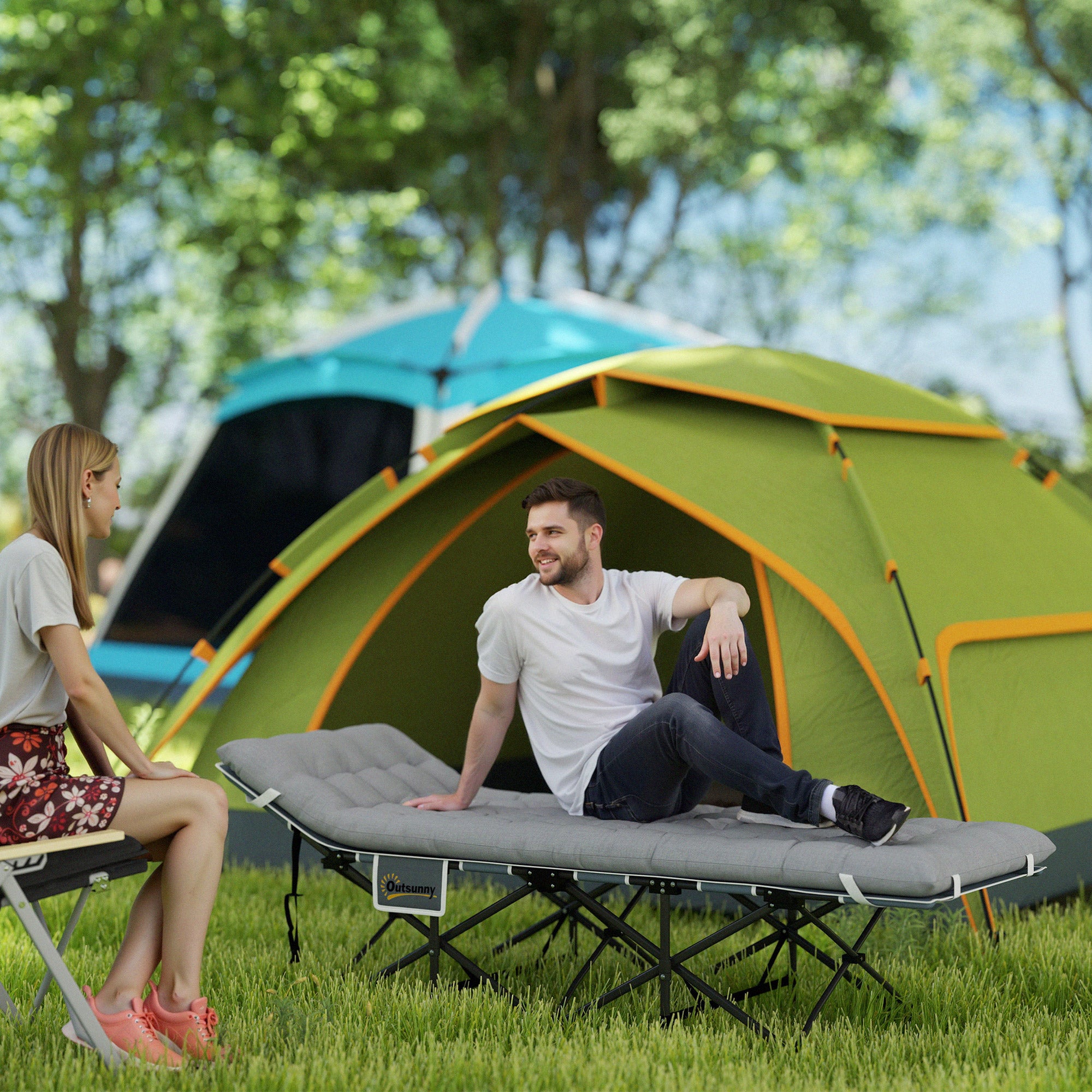 Folding Camp Bed Camping Bed with Mattress Pillow Side Pocket 190 x 65 x 37 cm Camping Cot for Adults Guest Bed up to 150 kg Foldable Bed for Outdoor, Garden Camping Travel Light gray