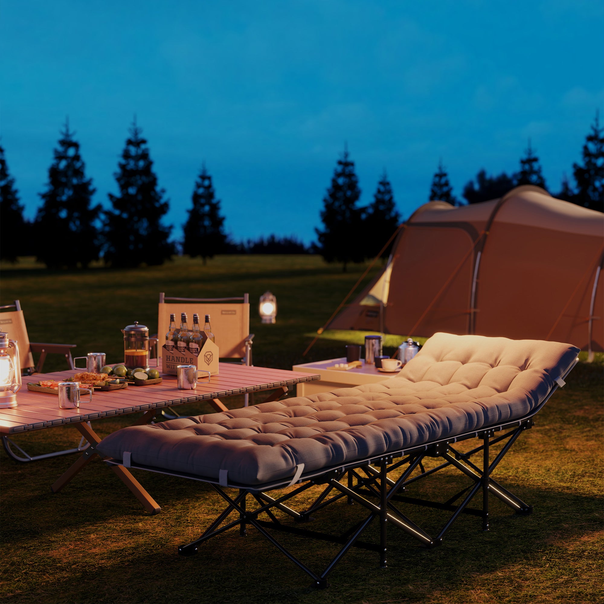 Folding Camp Bed Camping Bed with Mattress Pillow Side Pocket 190 x 65 x 37 cm Camping Cot for Adults Guest Bed up to 150 kg Foldable Bed for Outdoor, Garden Camping Travel Light gray