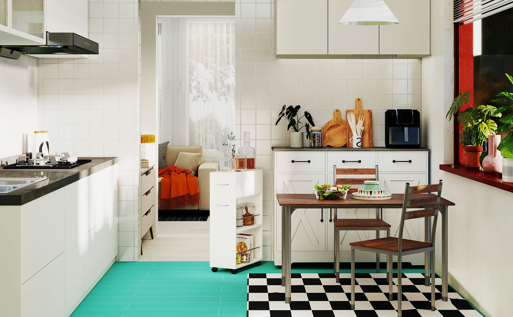 Modern kitchen with white cabinets, a dining table, and checkered floor.