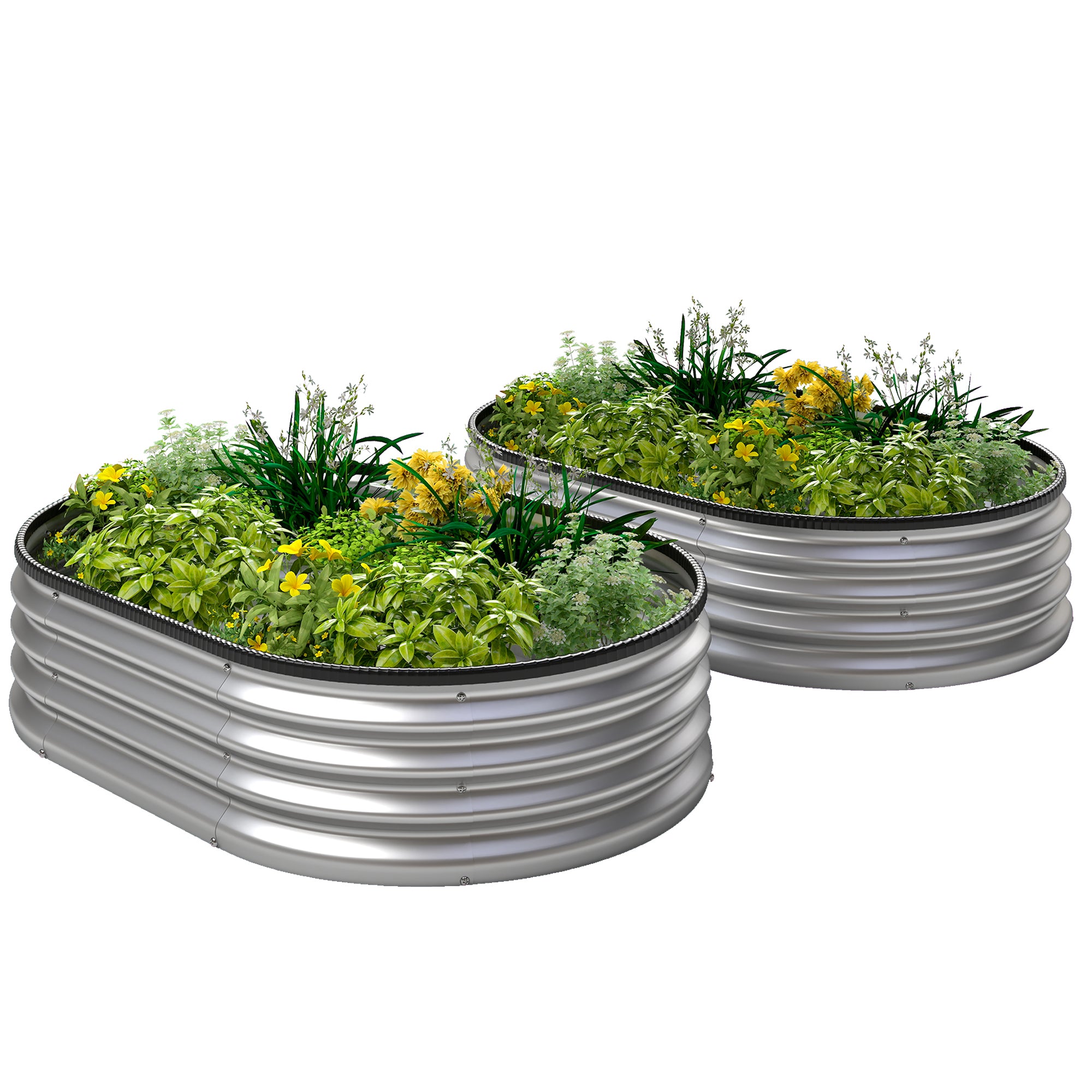 Metal Raised Beds Set of 2, 53.1 x 35.4 x 11.8 in — Oval Open-Bottom Planters with Rubber Safety Rim, Gloves Included, Modular Garden Planter for Vegetables, Fruits, Flowers, Herbs, Silver