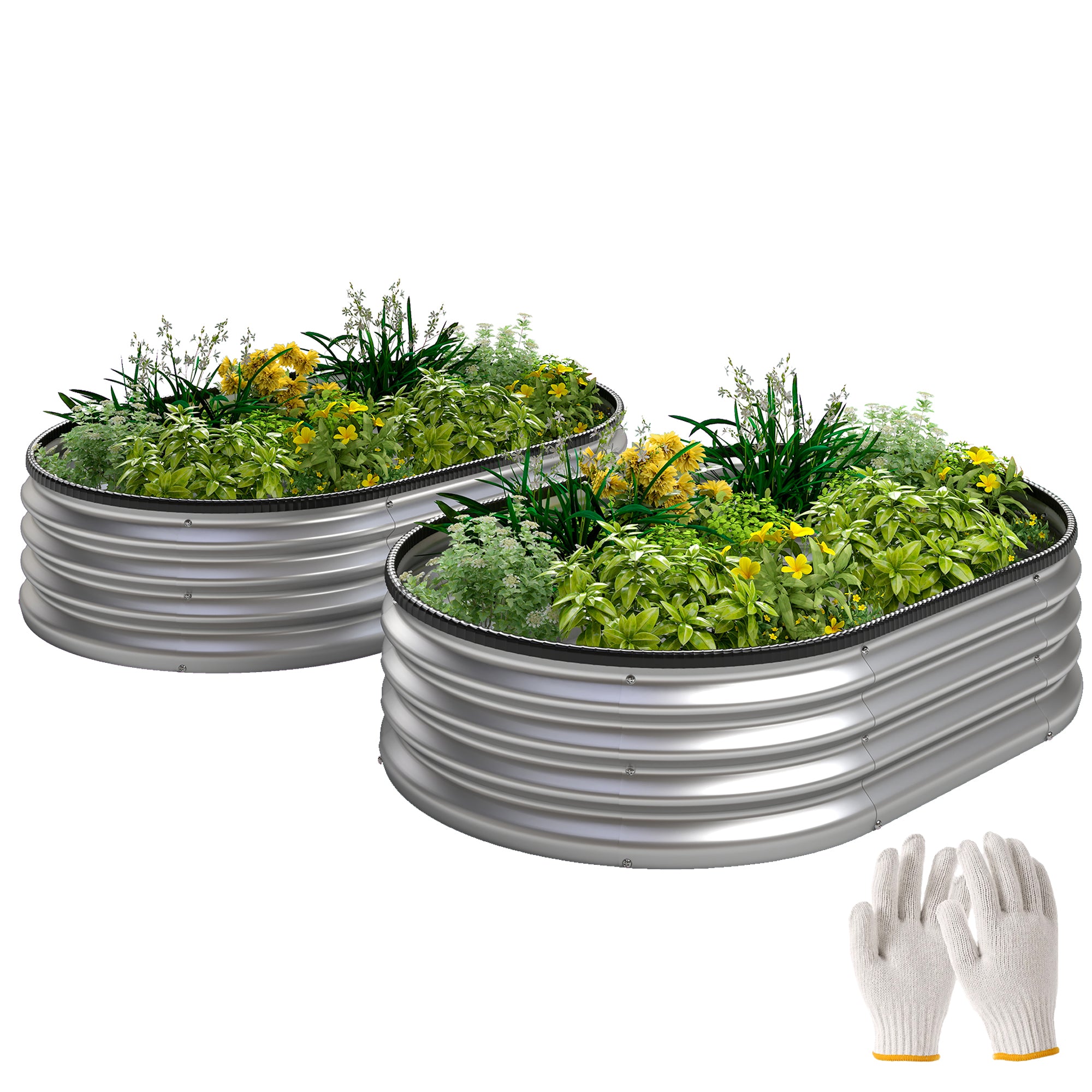 Metal Raised Beds Set of 2, 53.1 x 35.4 x 11.8 in — Oval Open-Bottom Planters with Rubber Safety Rim, Gloves Included, Modular Garden Planter for Vegetables, Fruits, Flowers, Herbs, Silver